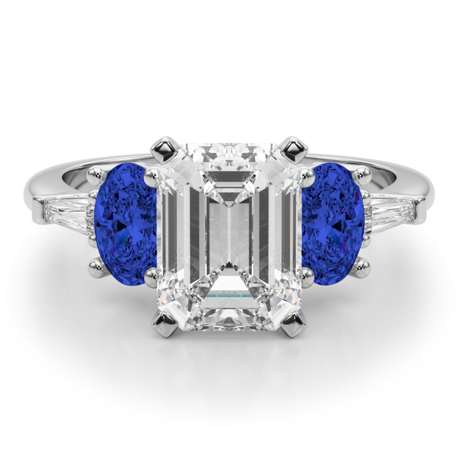 Emerald Cut Lab Grown Diamond & Oval Blue Sapphire Engagement Ring in Platinum (4.32ct)