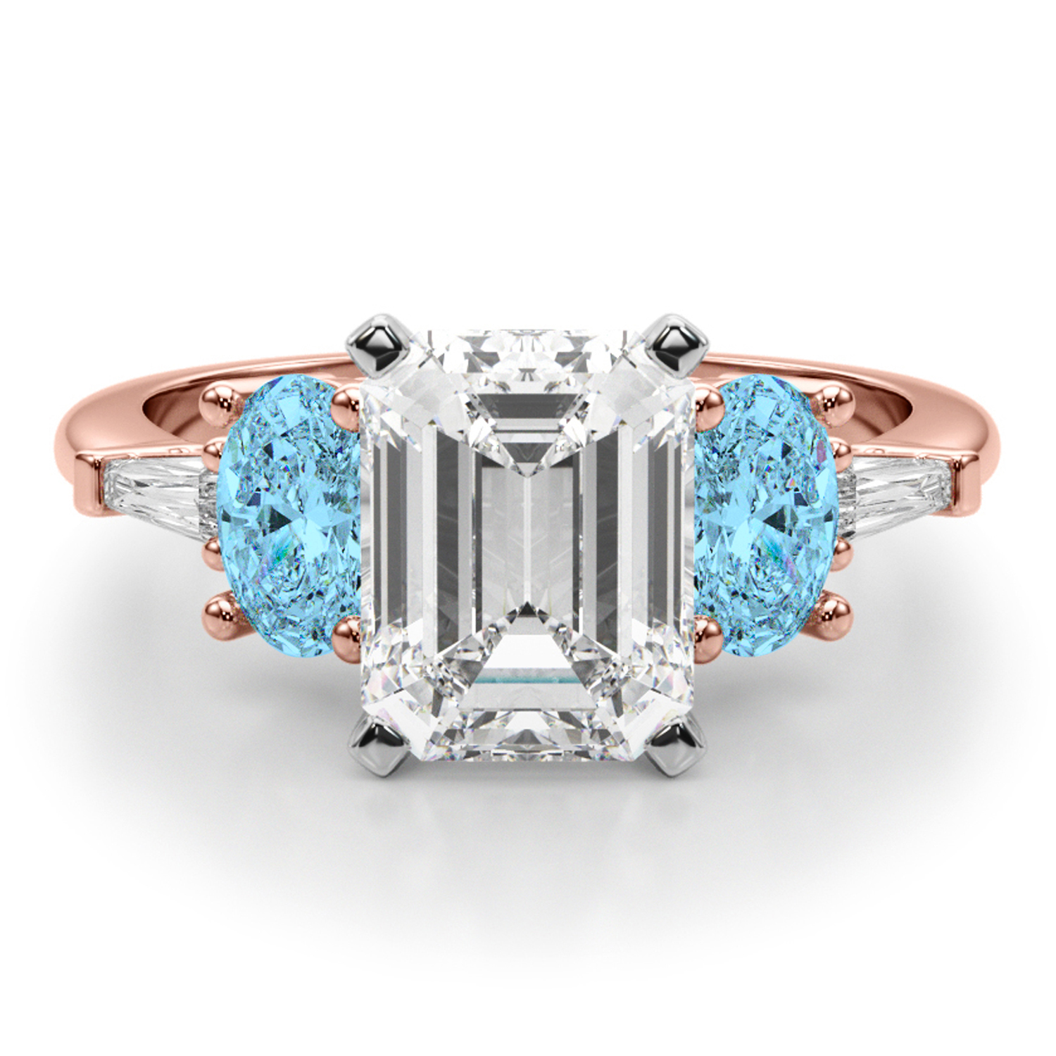 Emerald Cut Lab Grown Diamond & Oval Blue Topaz Engagement Ring 14K Rose Gold (4.18ct)