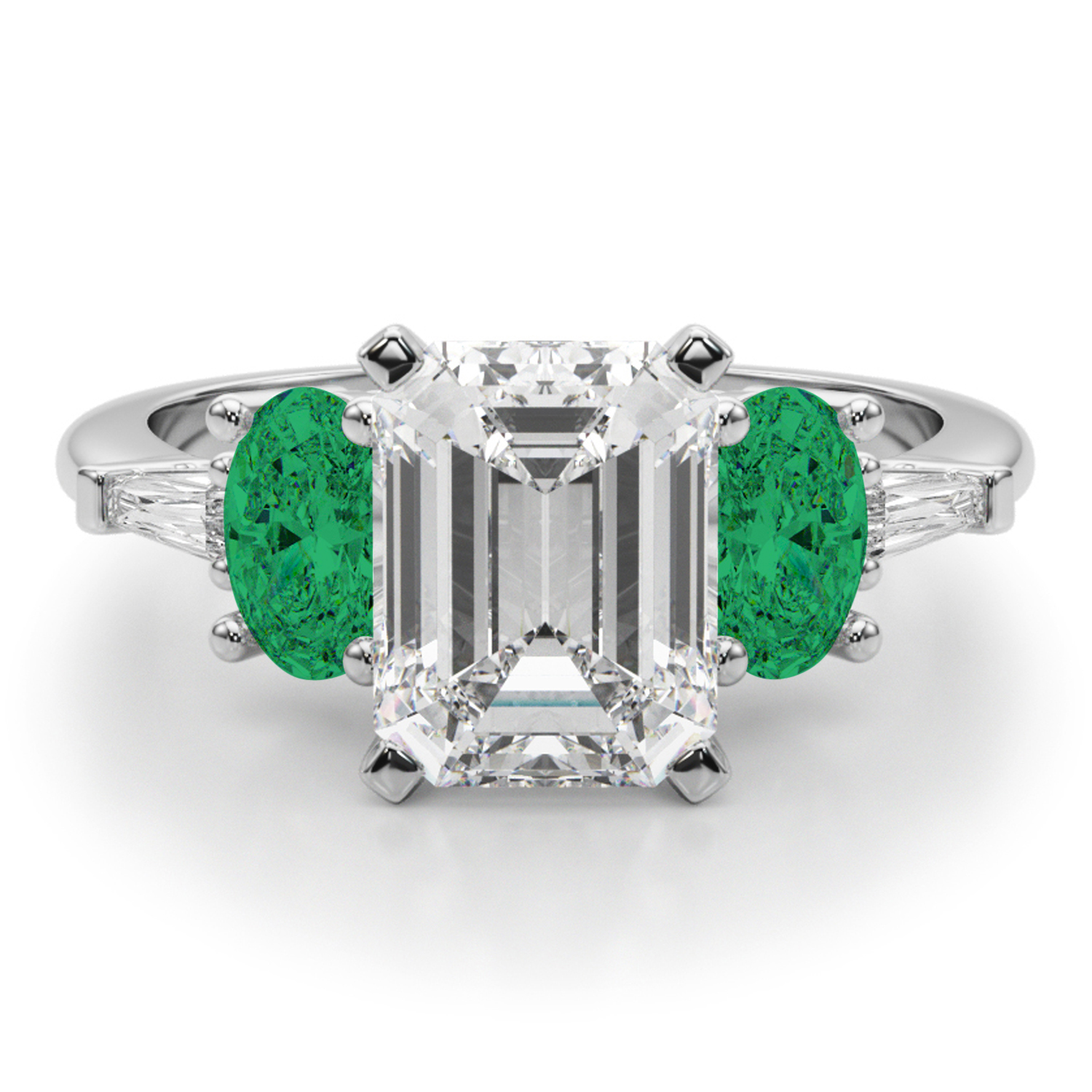 Emerald Cut Lab Grown Diamond & Oval Emerald Engagement Ring 14K White Gold (3.98ct)