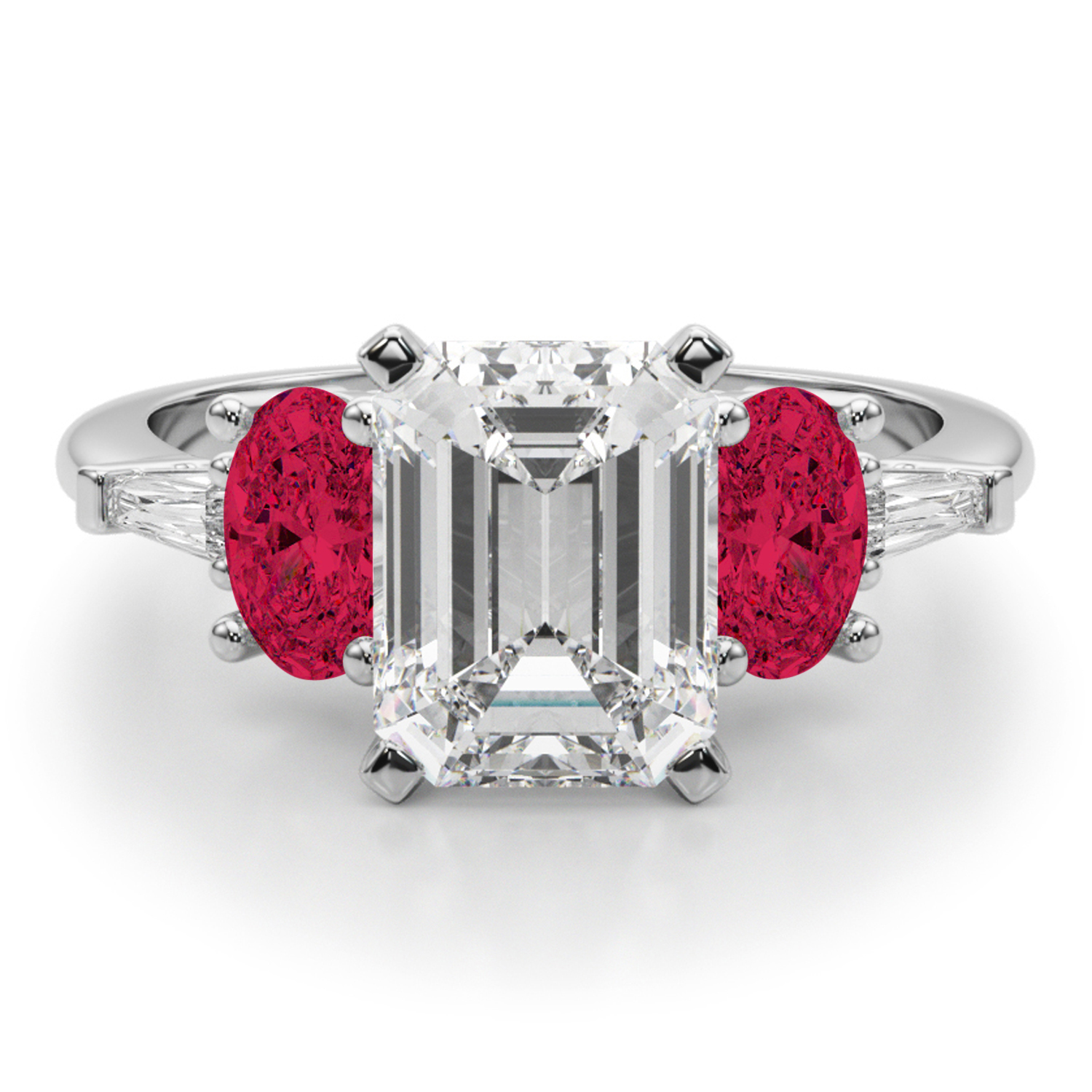 Emerald Cut Lab Grown Diamond & Oval Ruby Engagement Ring 14K White Gold (4.24ct)