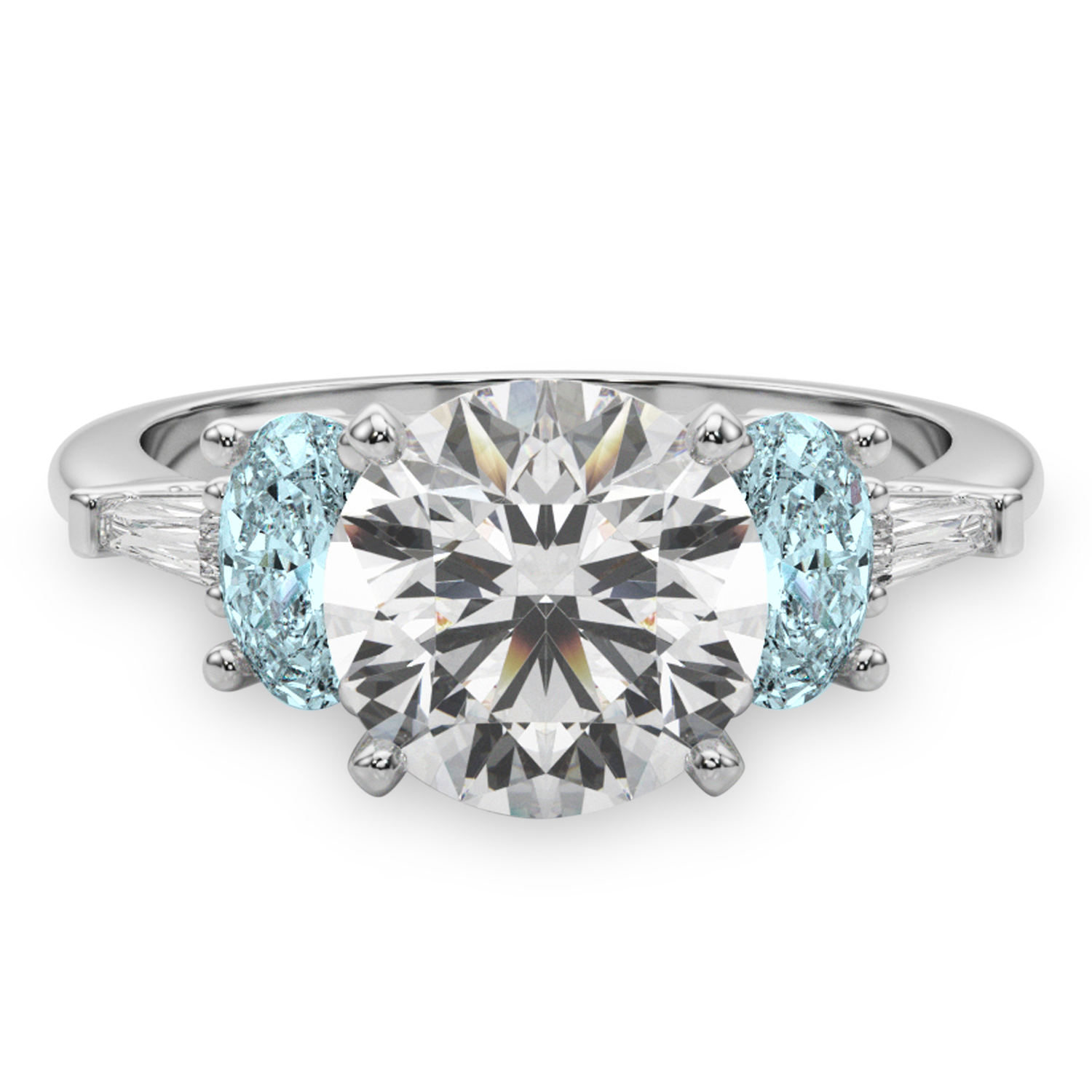 Round Lab Grown Diamond & Oval Aquamarine Engagement Ring 14K White Gold (3.98ct)