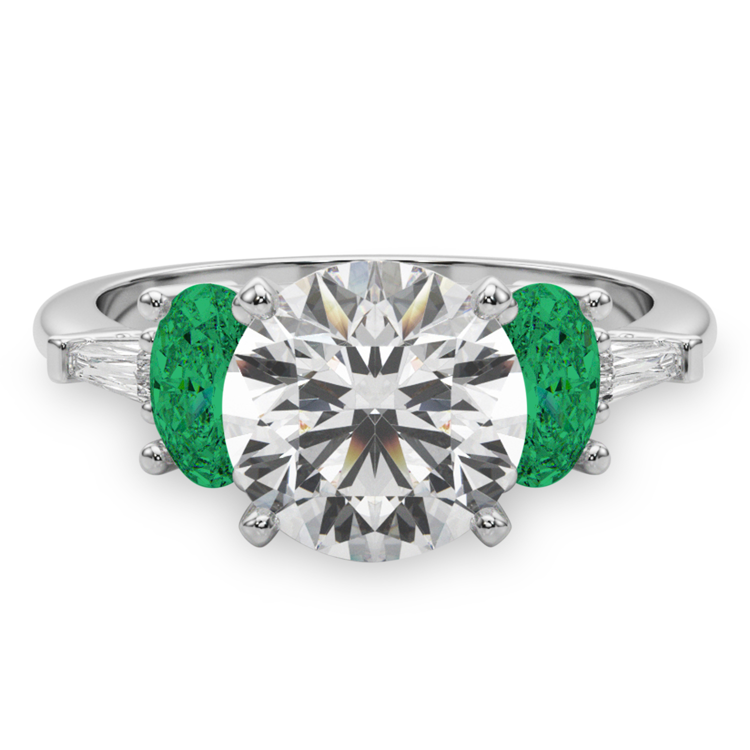 Round Lab Grown Diamond & Oval Emerald Engagement Ring 14K White Gold (3.98ct)