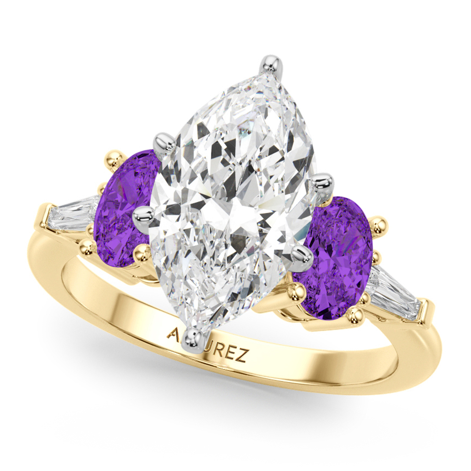 Marquise Lab Grown Diamond & Oval Amethyst Engagement Ring 18K Yellow Gold (3.98ct)