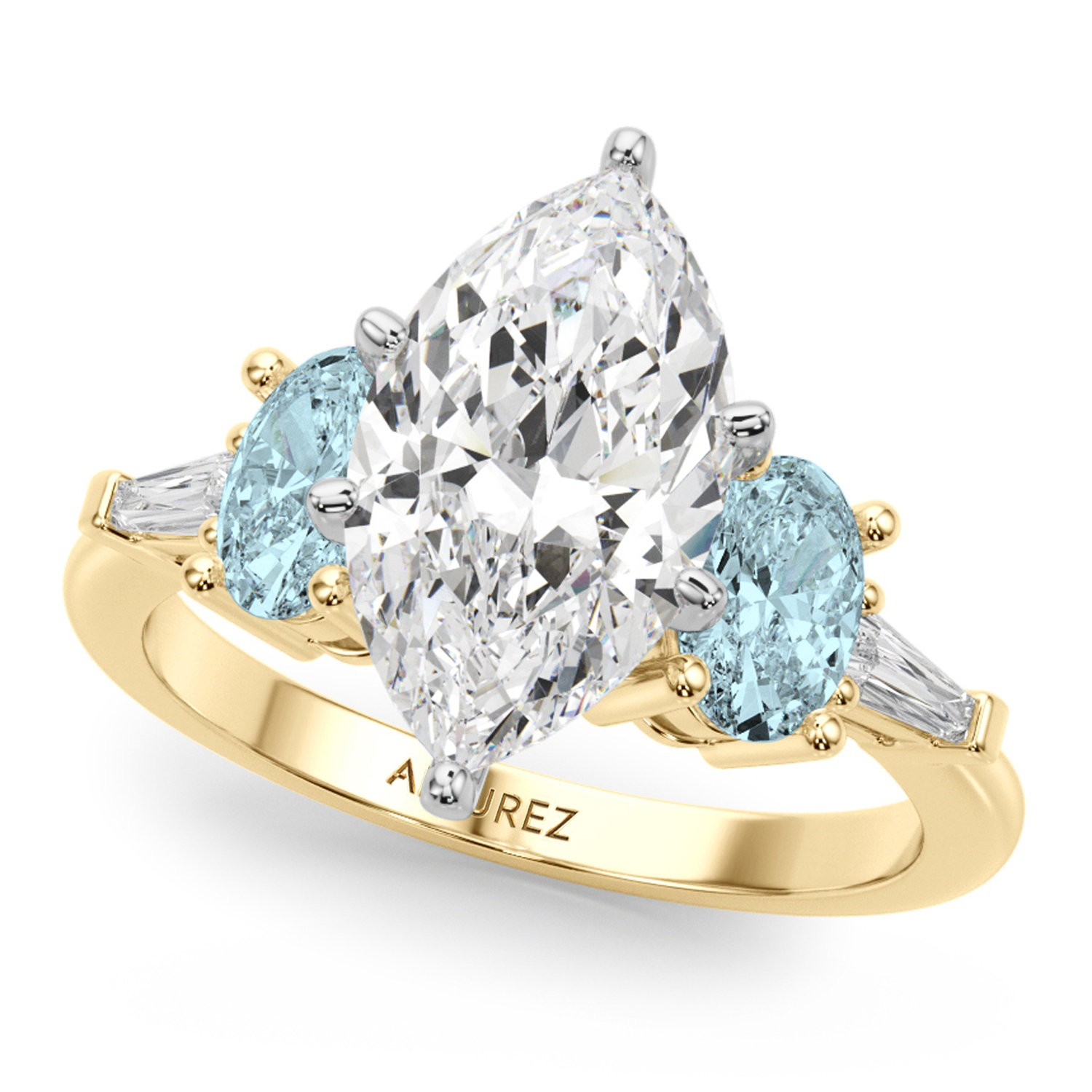 Marquise Lab Grown Diamond & Oval Aquamarine Engagement Ring 18K Yellow Gold (3.98ct)