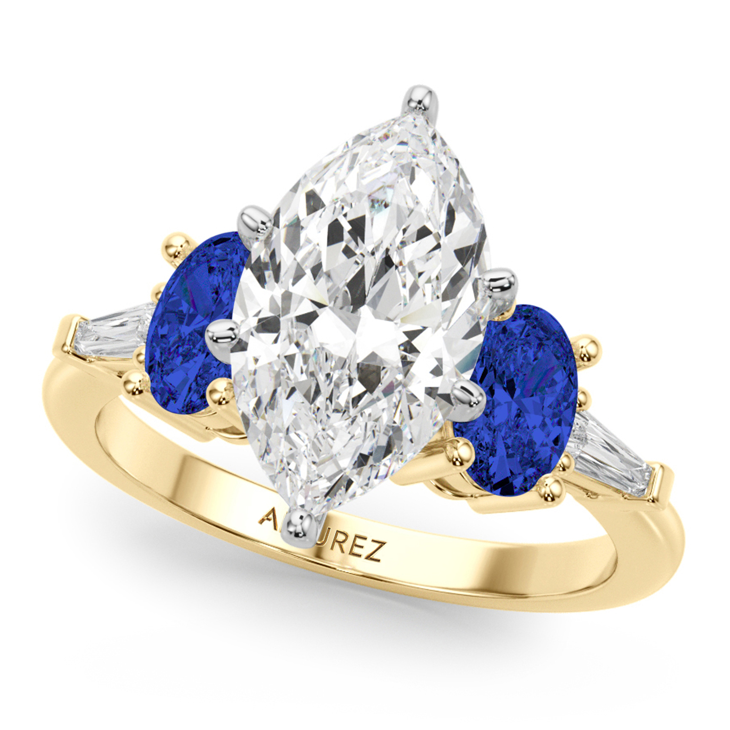 Marquise Lab Grown Diamond & Oval Blue Sapphire Engagement Ring 14K Yellow Gold (4.32ct)
