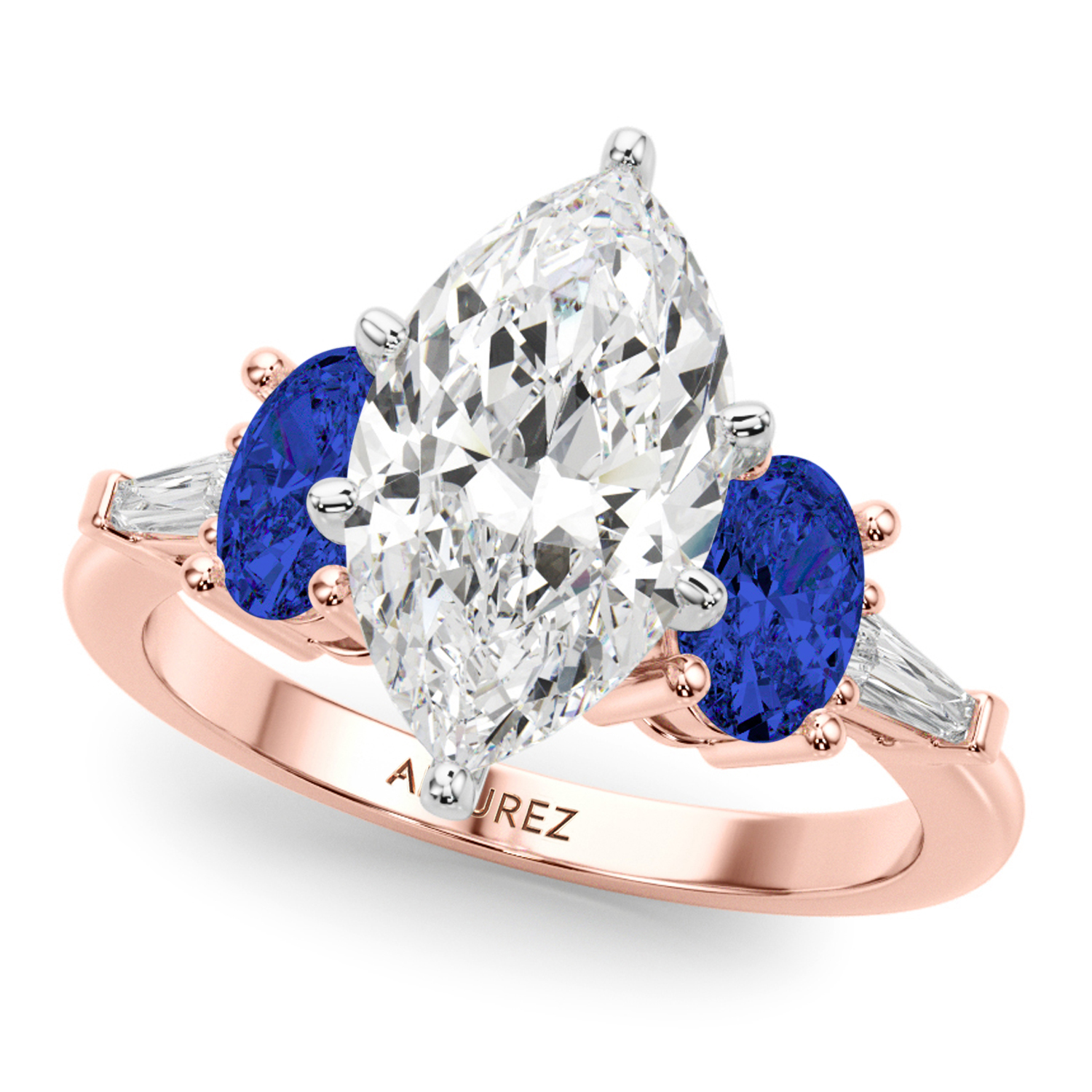 Marquise Lab Grown Diamond & Oval Blue Sapphire Engagement Ring 18K Rose Gold (4.32ct)