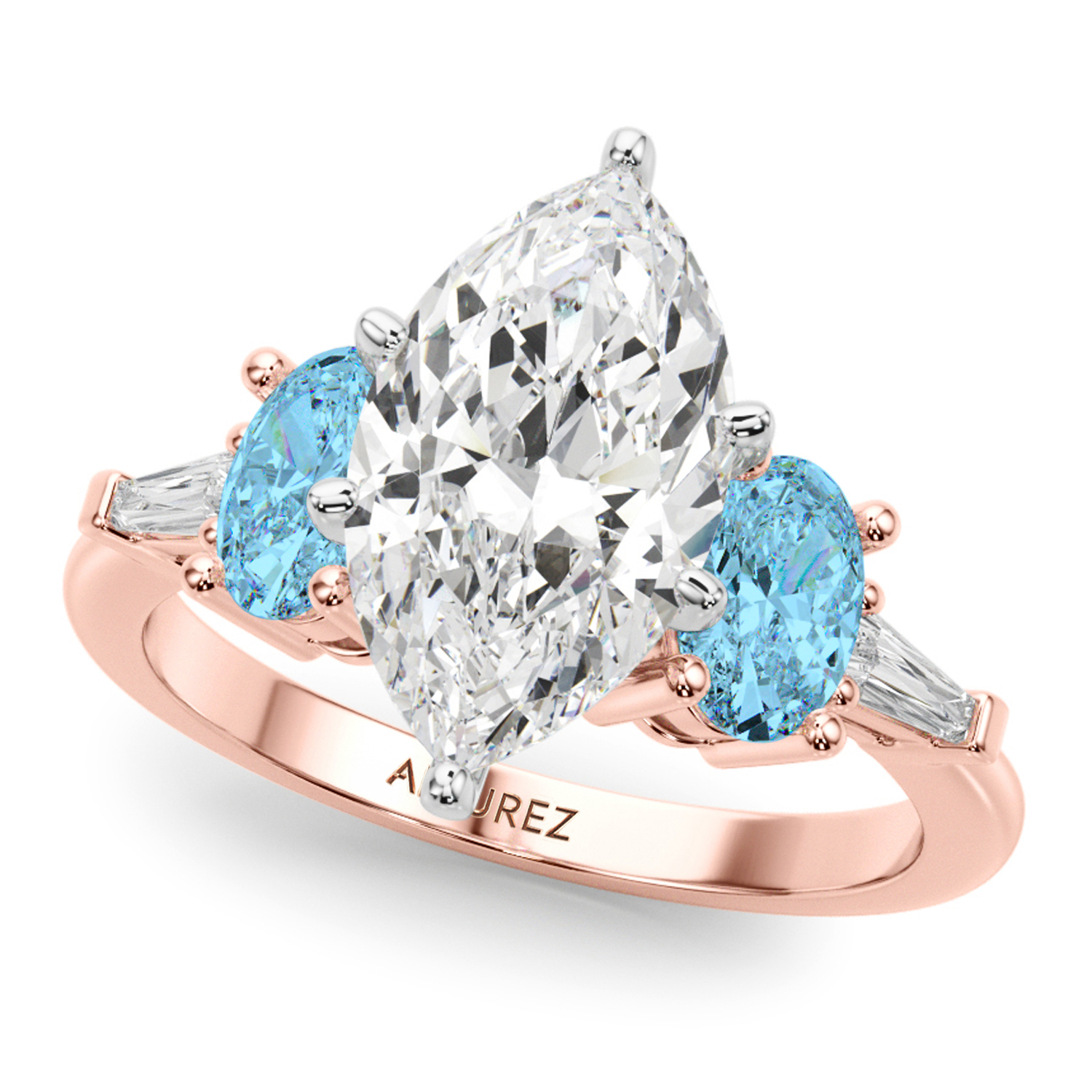 Marquise Lab Grown Diamond & Oval Blue Topaz Engagement Ring 14K Rose Gold (4.18ct)