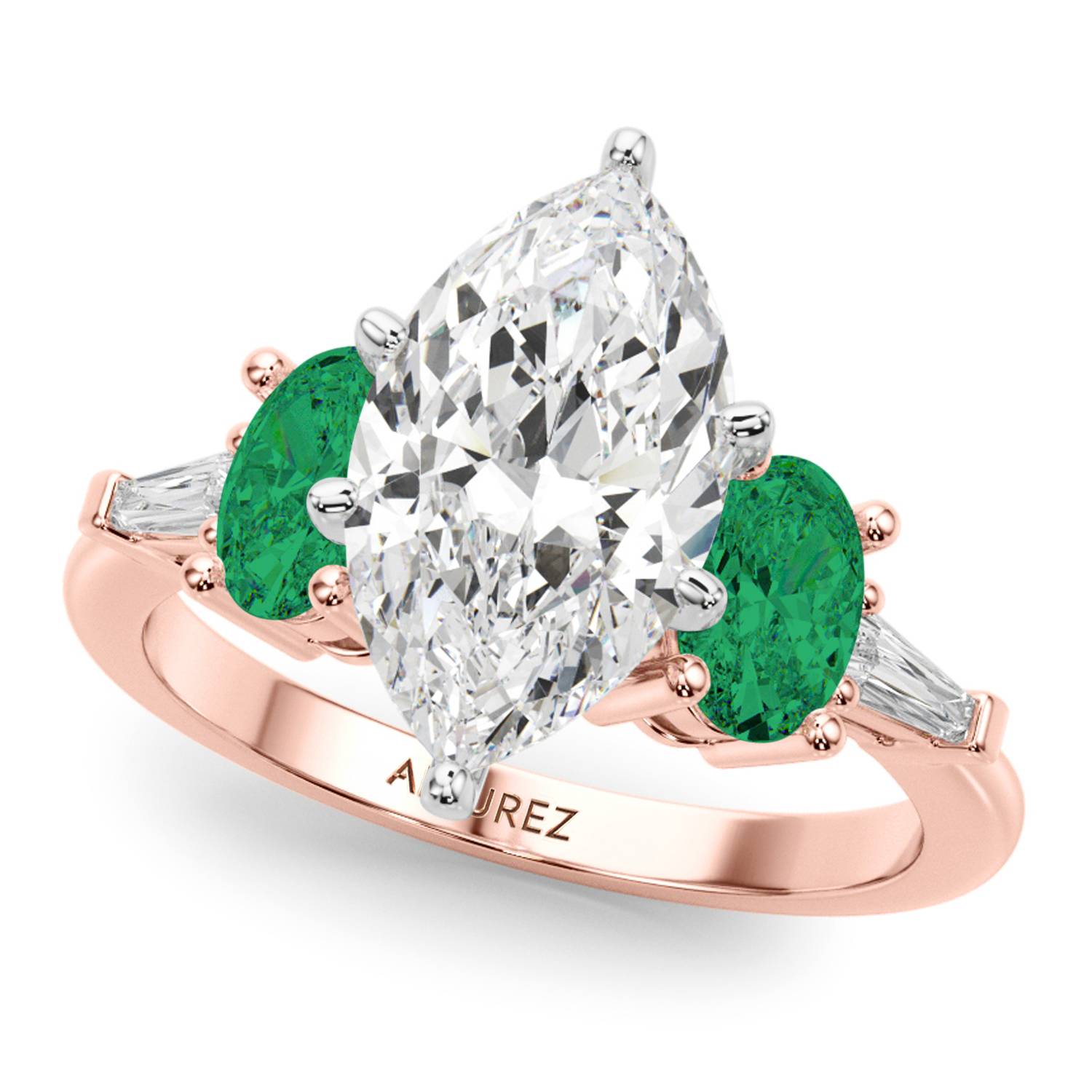 Marquise Lab Grown Diamond & Oval Emerald Engagement Ring 18K Rose Gold (3.98ct)