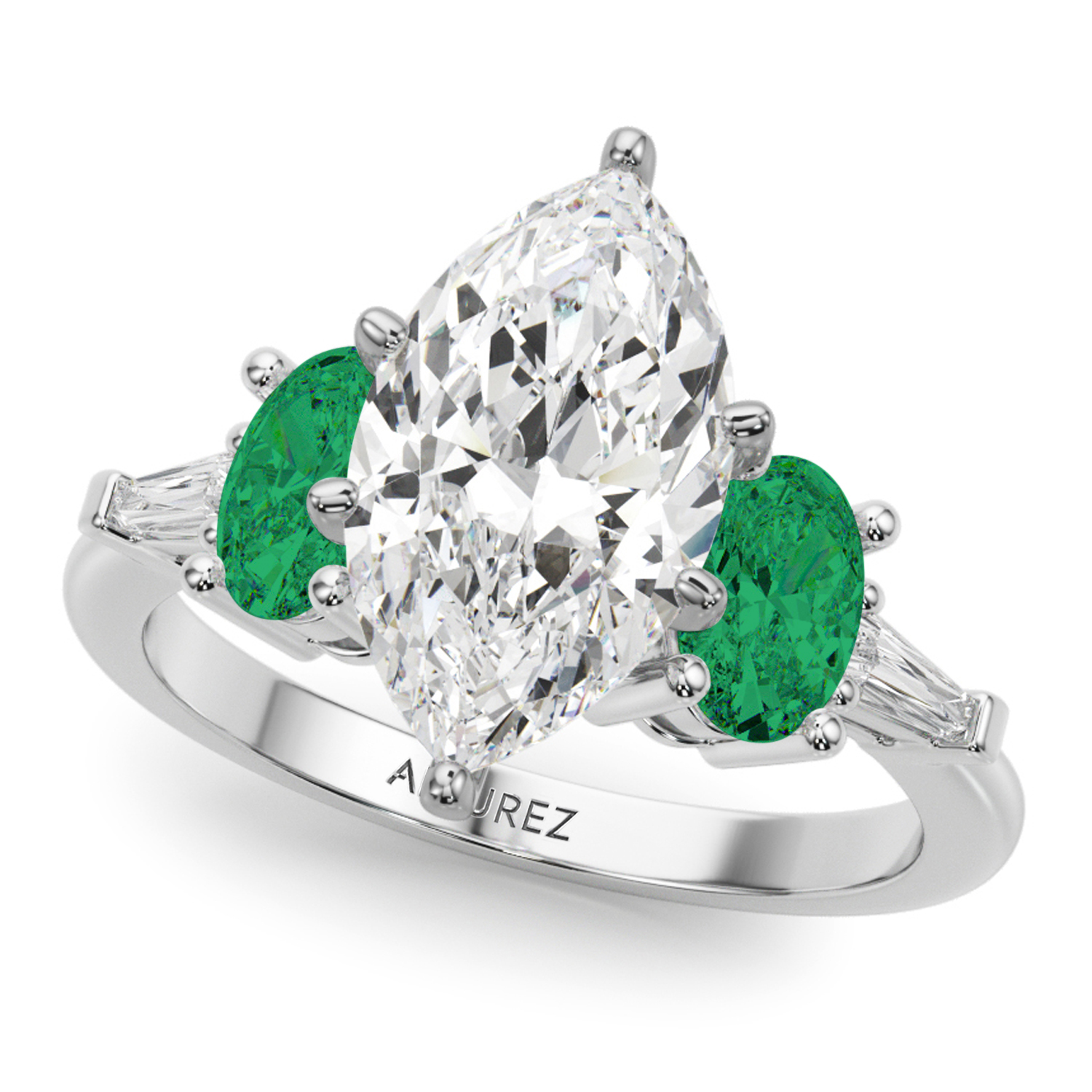 Marquise Lab Grown Diamond & Oval Emerald Engagement Ring 18K White Gold (3.98ct)