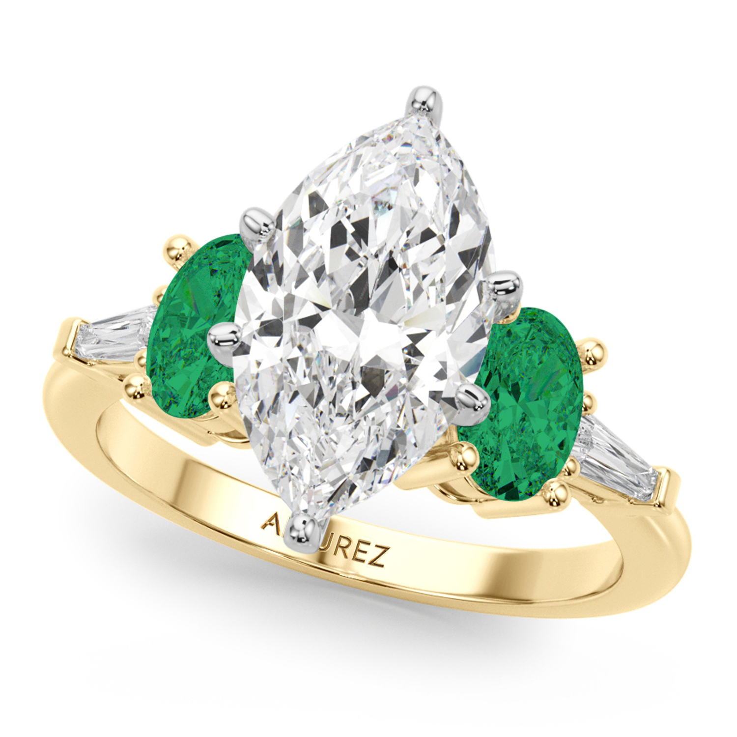 Marquise Lab Grown Diamond & Oval Emerald Engagement Ring 18K Yellow Gold (3.98ct)