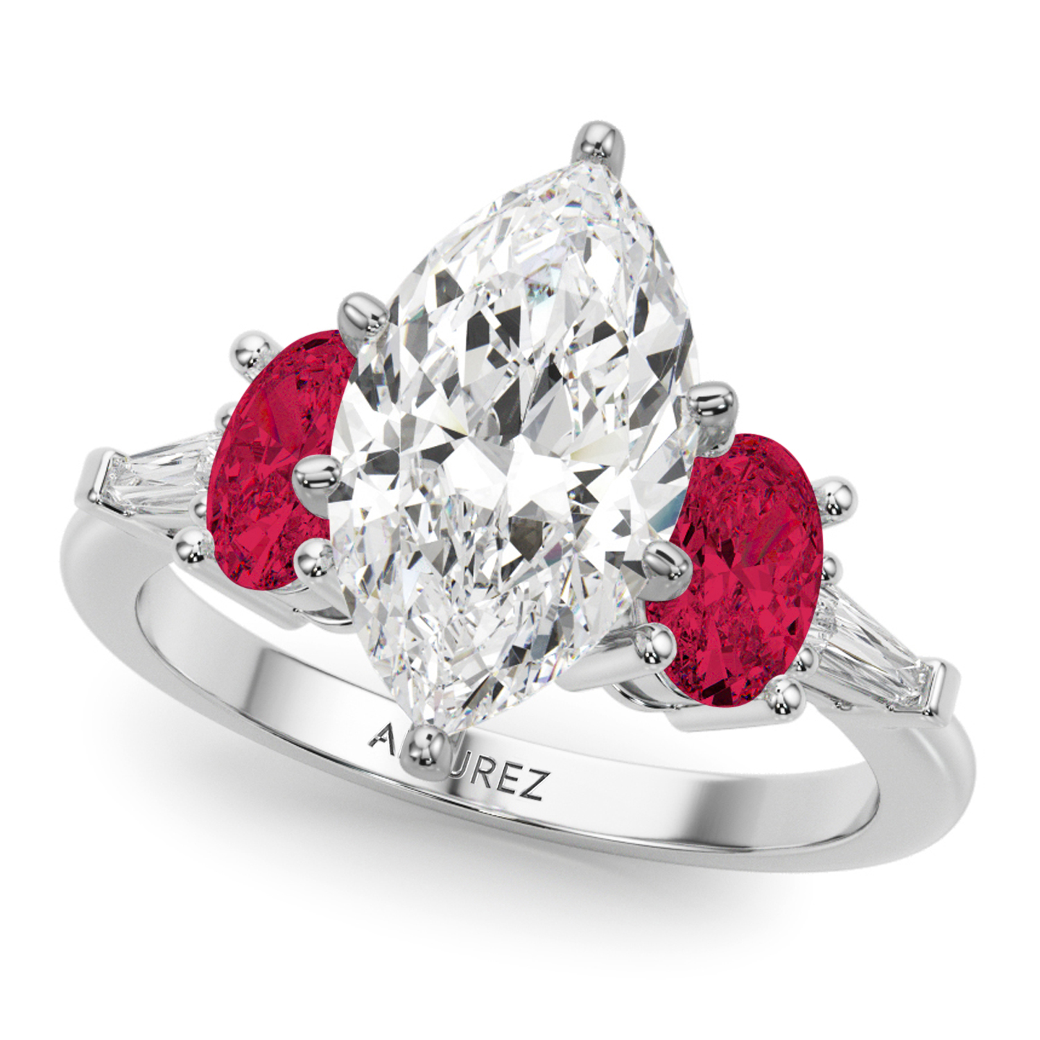 Marquise Lab Grown Diamond & Oval Ruby Engagement Ring 14K White Gold (4.24ct)