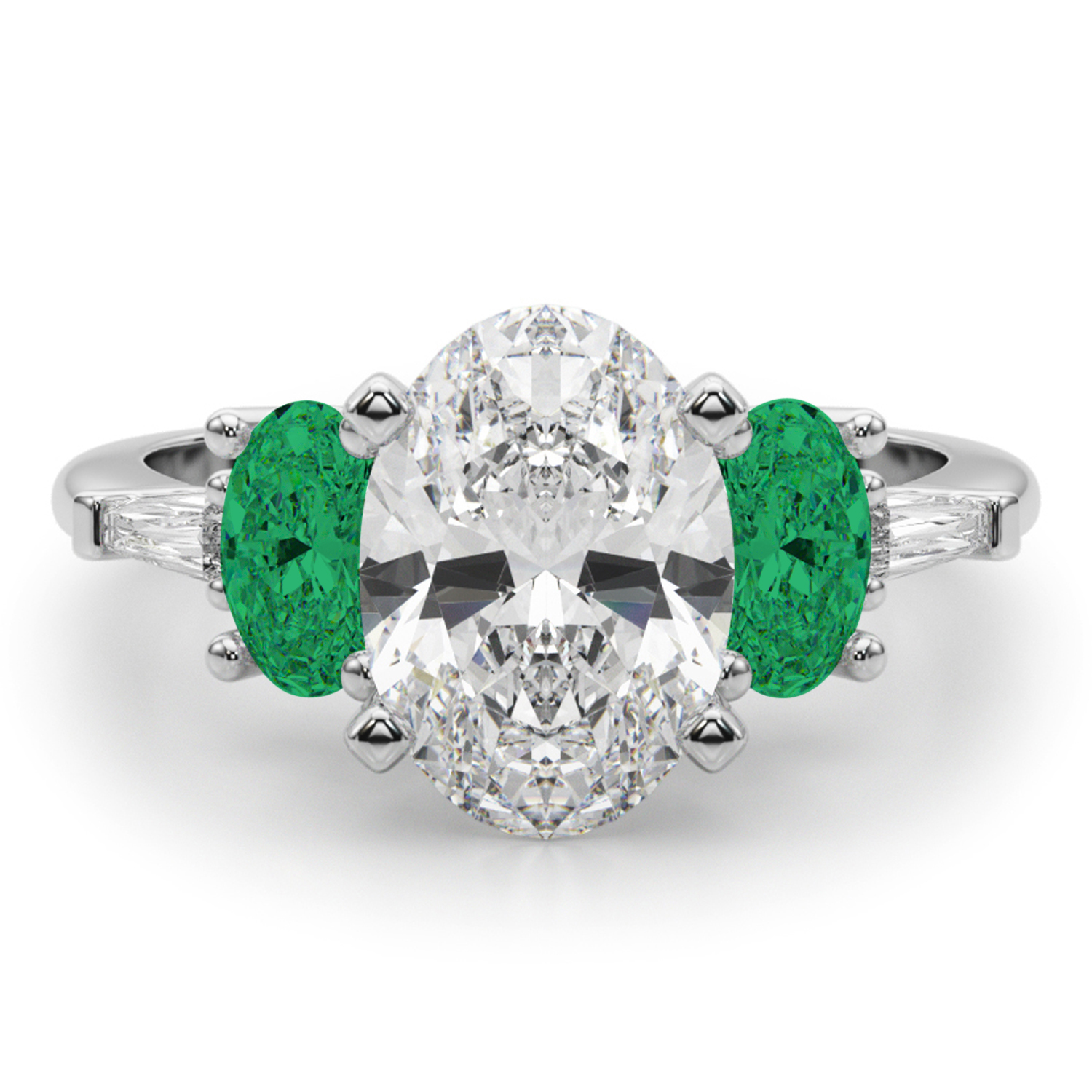 Oval Lab Grown Diamond & Emerald Engagement Ring 14K White Gold (3.98ct)