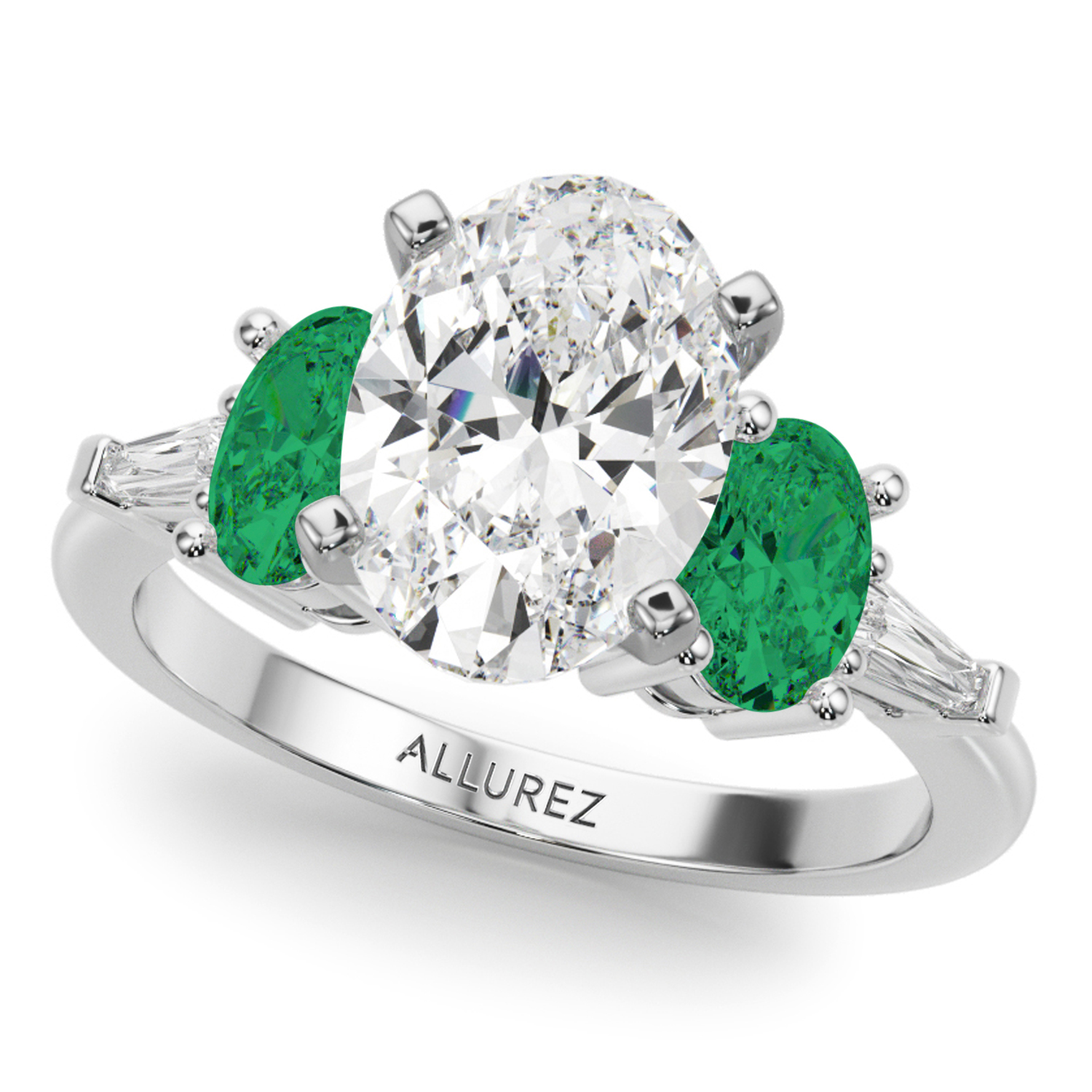 Oval Lab Grown Diamond & Emerald Engagement Ring 18K White Gold (3.98ct)