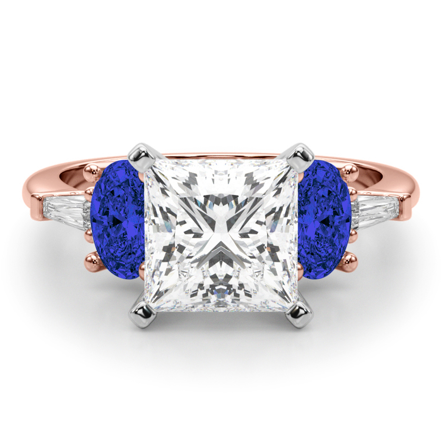 Princess Cut Lab Grown Diamond & Oval Blue Sapphire Engagement Ring 18K Rose Gold (4.32ct)