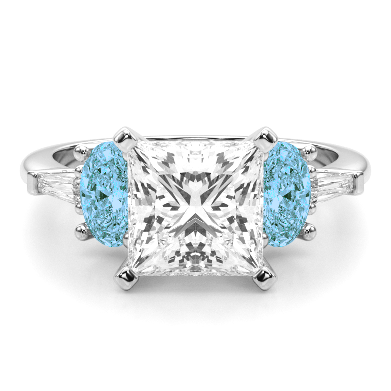 Princess Cut Lab Grown Diamond & Oval Blue Topaz Engagement Ring 18K White Gold (4.18ct)
