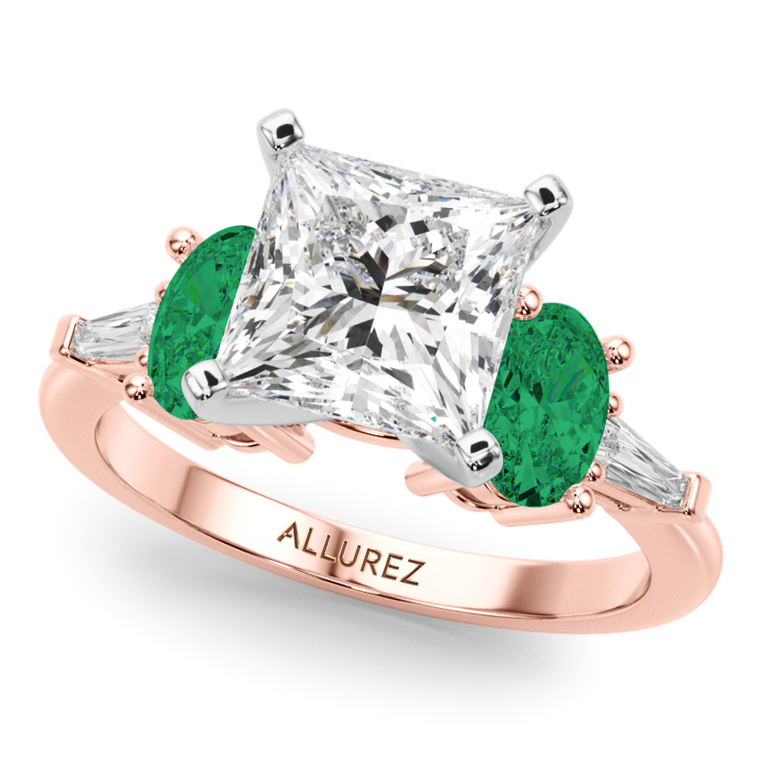 Princess Cut Lab Grown Diamond & Oval Emerald Engagement Ring 14K Rose Gold (3.98ct)