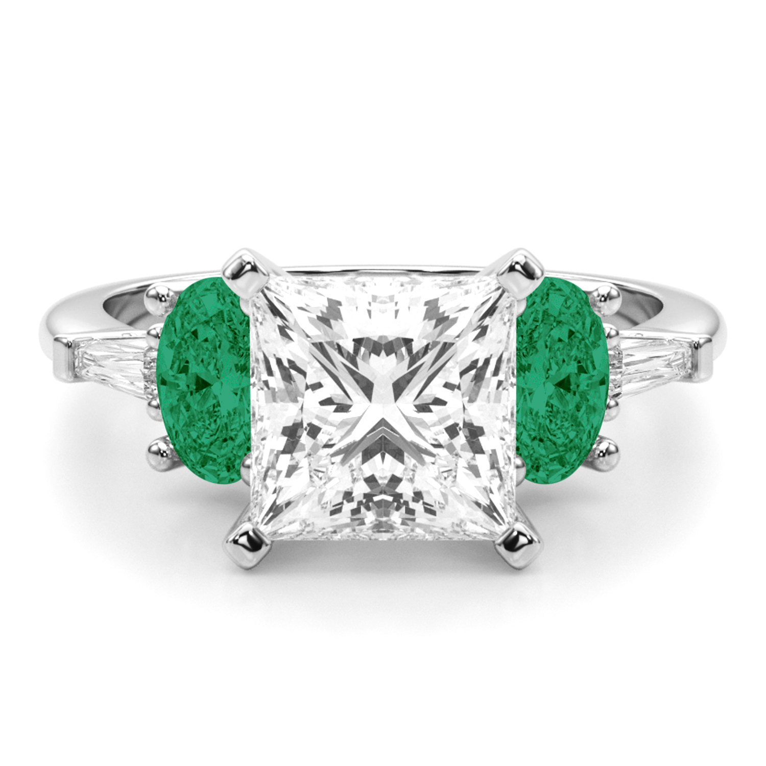 Princess Cut Lab Grown Diamond & Oval Emerald Engagement Ring 14K White Gold (3.98ct)