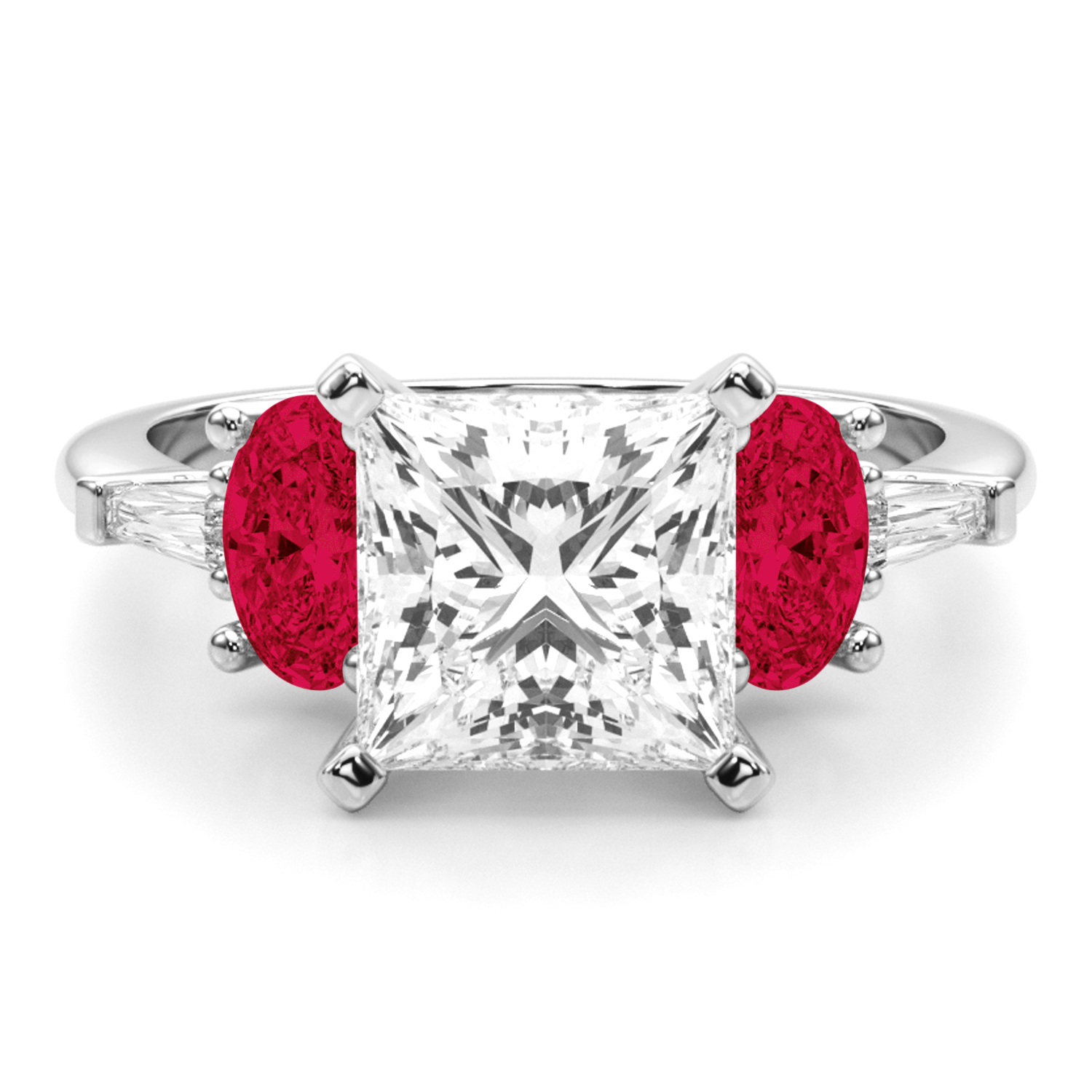 Princess Cut Lab Grown Diamond & Oval Ruby Engagement Ring 14K White Gold (4.24ct)
