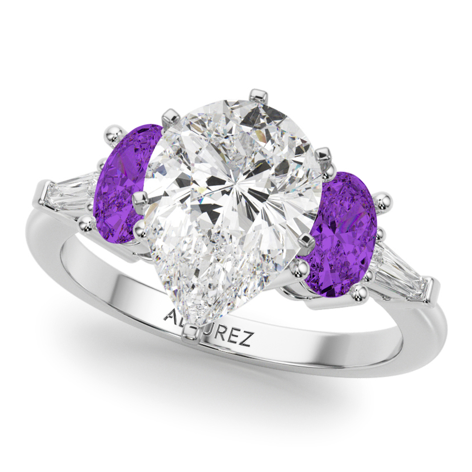 Pear Lab Grown Diamond & Oval Amethyst Engagement Ring 18K White Gold (3.98ct)
