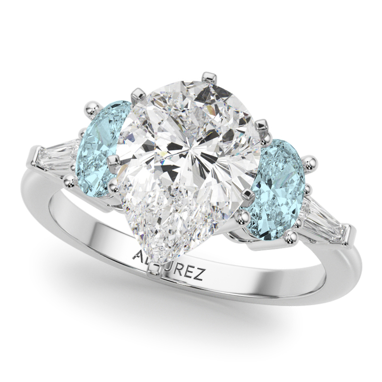 Pear Lab Grown Diamond & Oval Aquamarine Engagement Ring 18K White Gold (3.98ct)