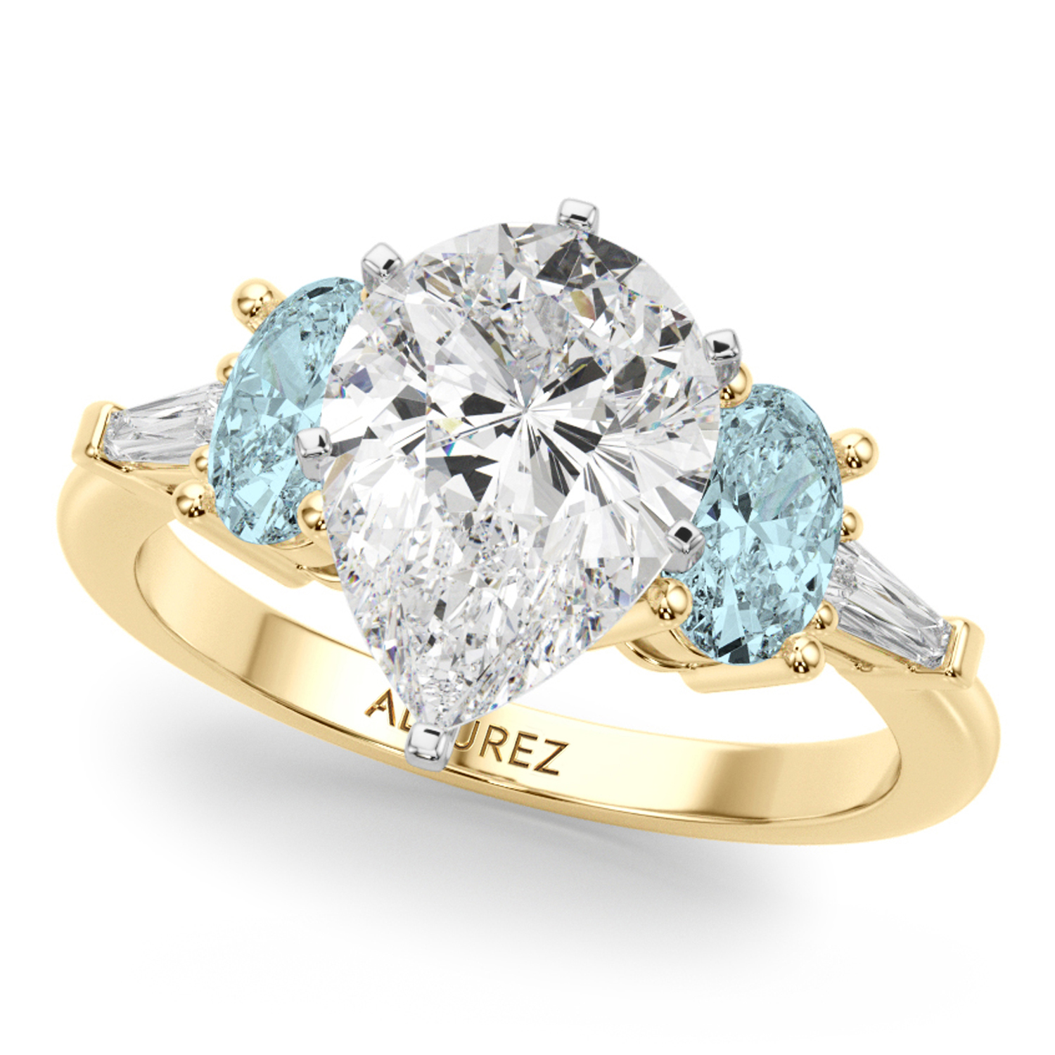Pear Lab Grown Diamond & Oval Aquamarine Engagement Ring 18K Yellow Gold (3.98ct)