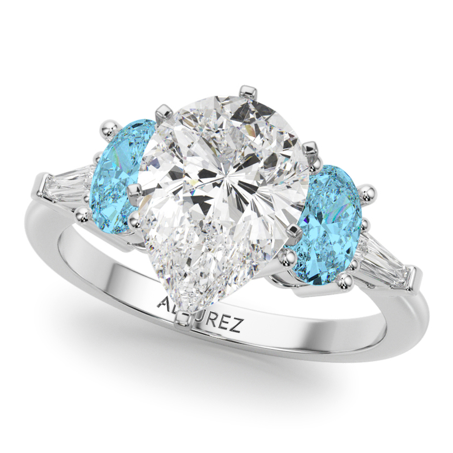 Pear Lab Grown Diamond & Oval Blue Topaz Engagement Ring 18K White Gold (4.18ct)