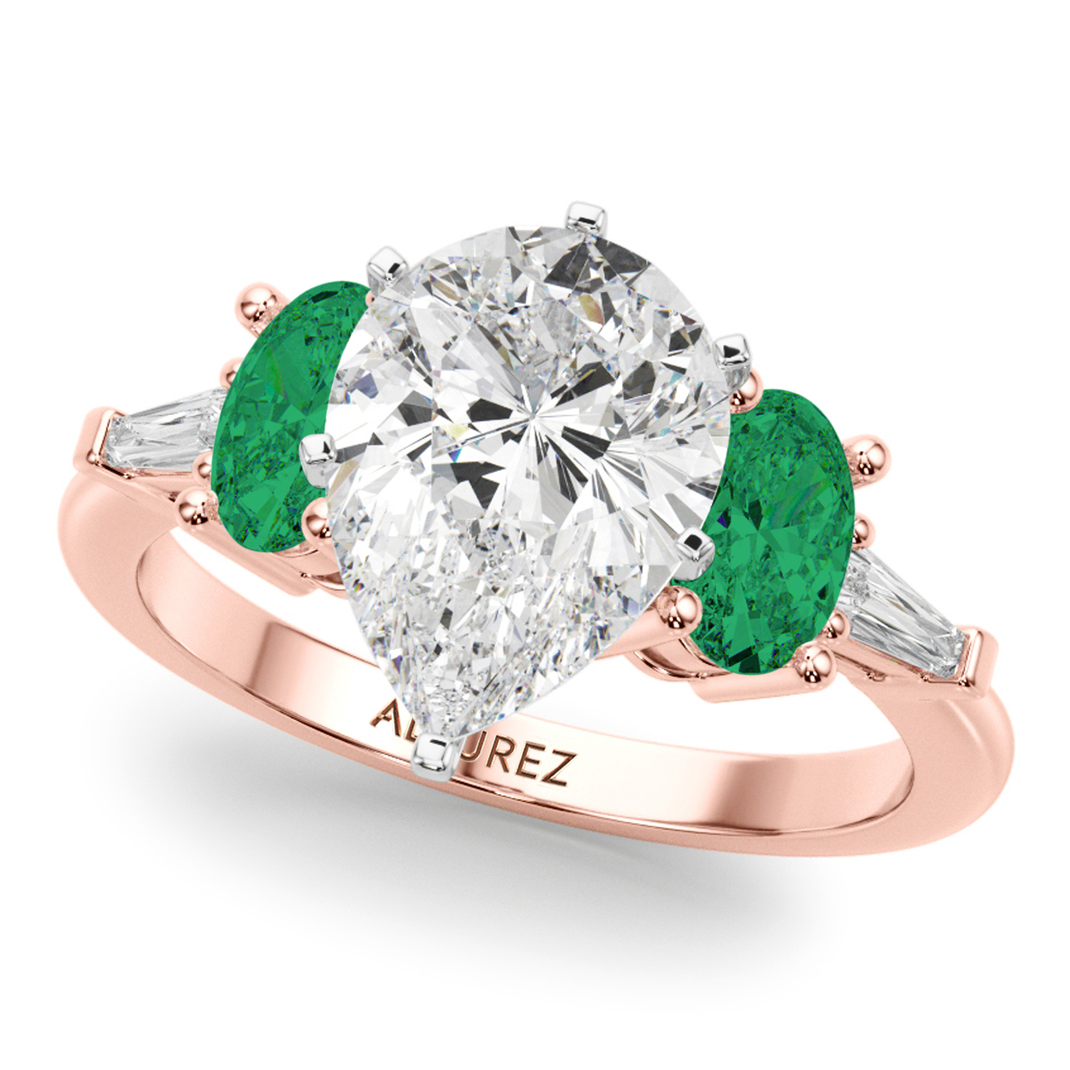 Pear Lab Grown Diamond & Oval Emerald Engagement Ring 18K Rose Gold (3.98ct)