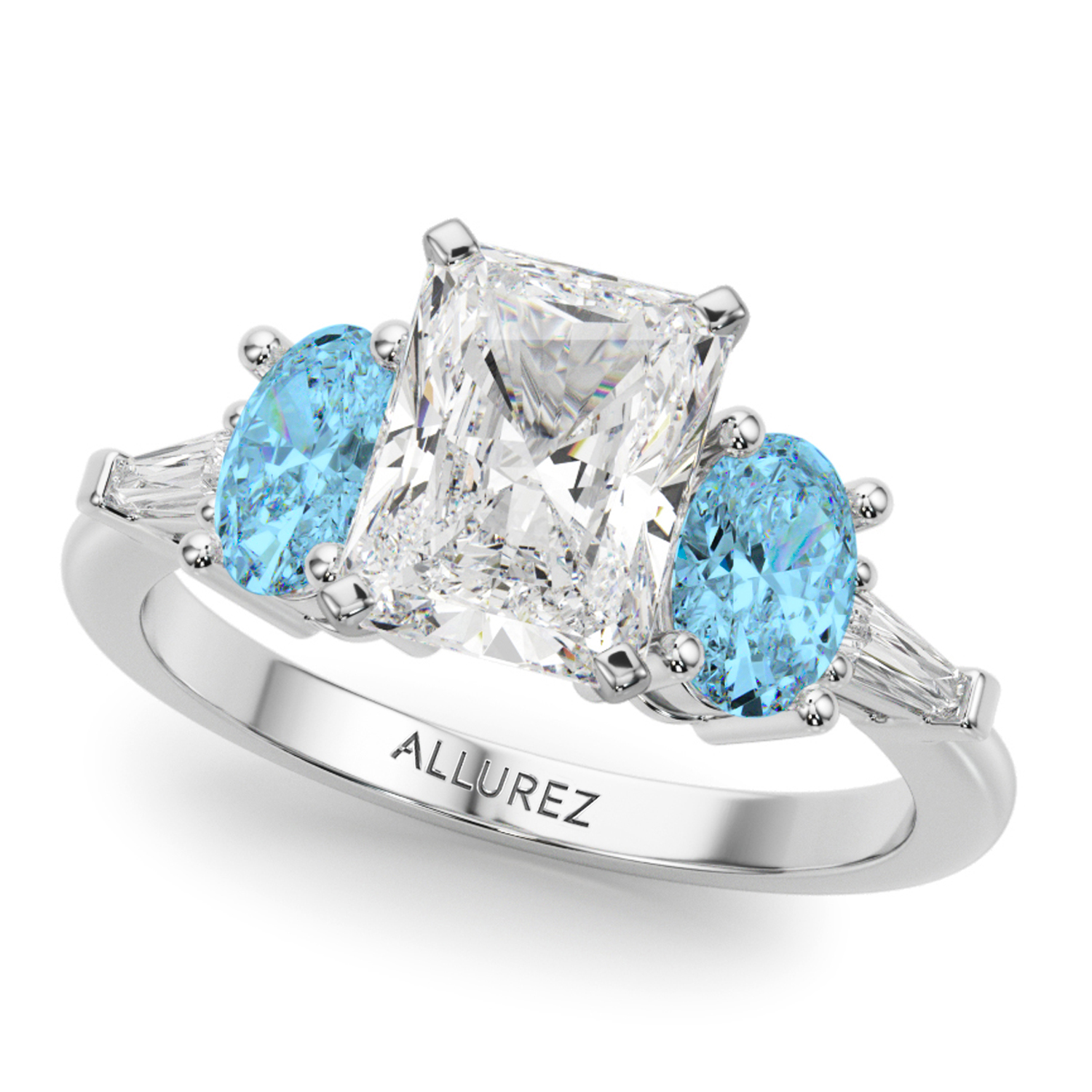 Radiant Lab Grown Diamond & Oval Blue Topaz Engagement Ring 18K White Gold (4.18ct)