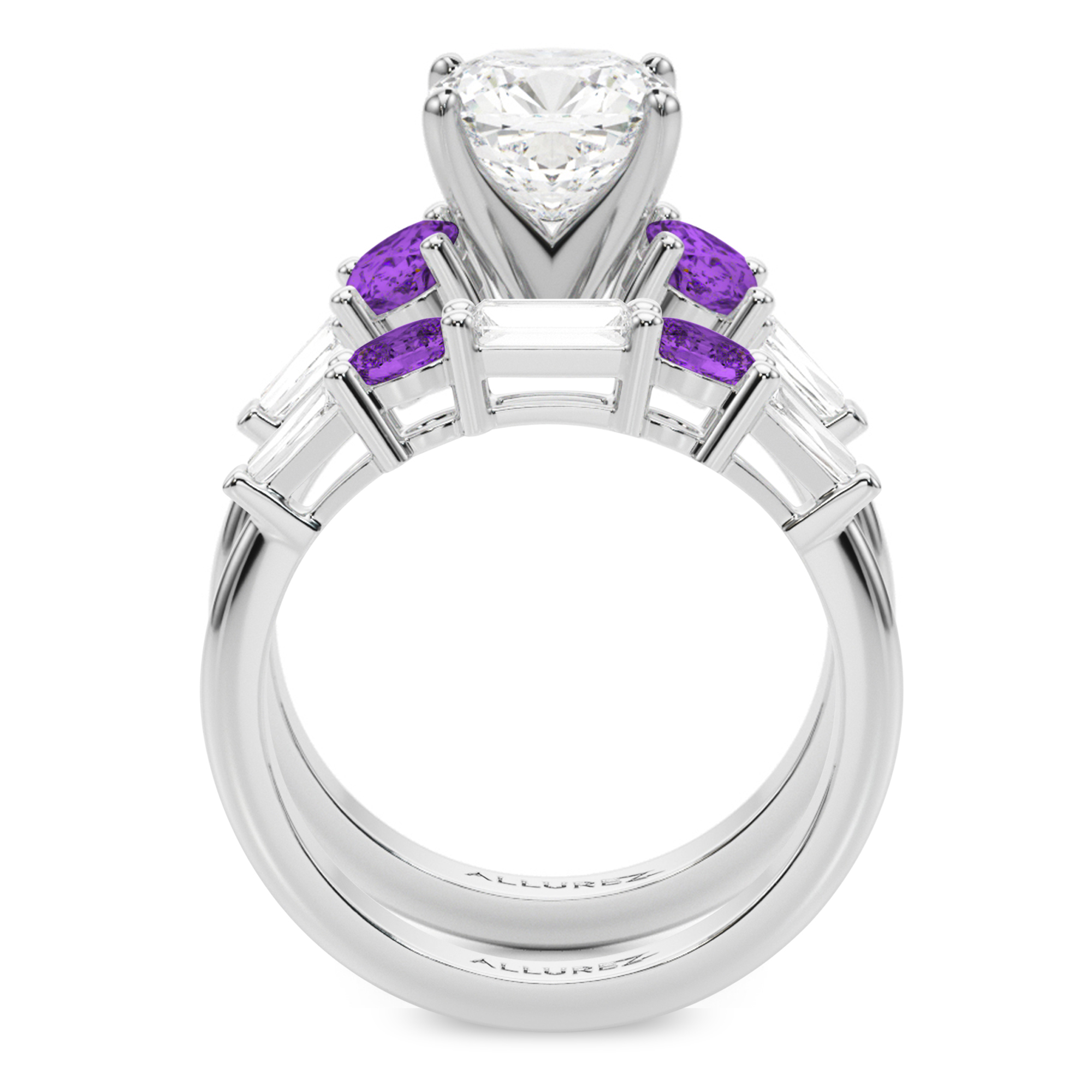 Cushion Lab Grown Diamond & Oval Amethyst Bridal Set 14K