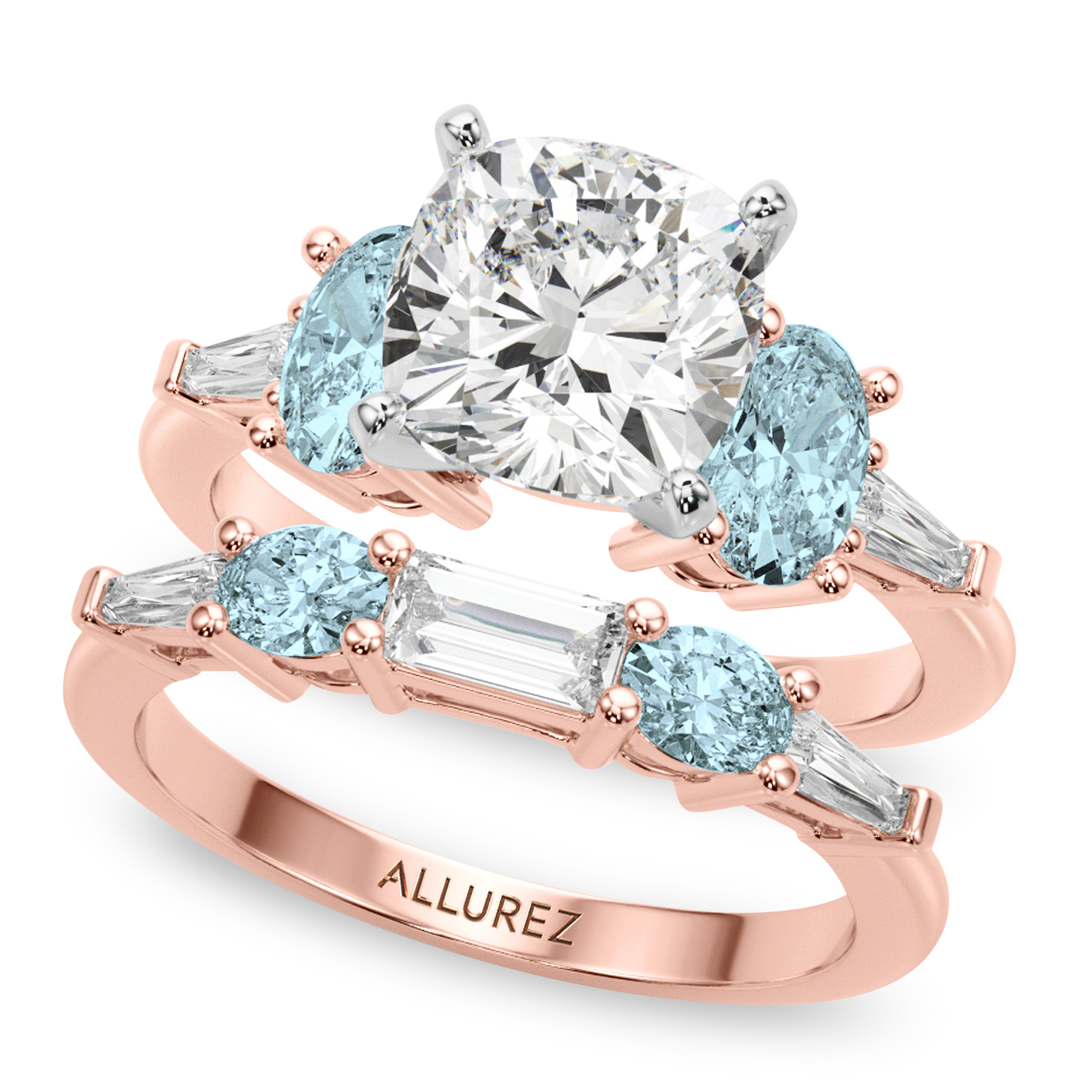 Cushion Lab Grown Diamond & Oval Aquamarine Bridal Set 18K Rose Gold (4.65ct)