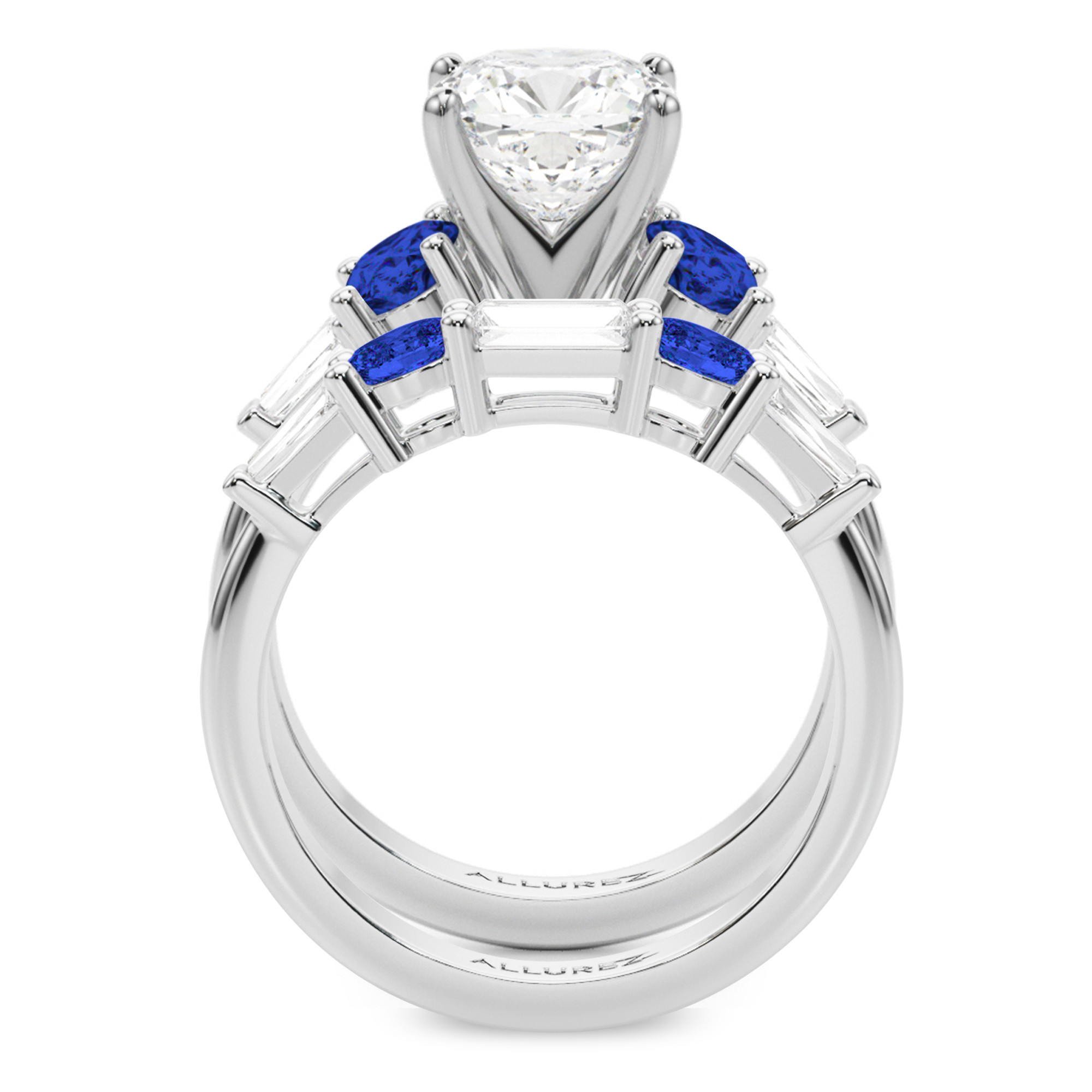 Cushion Lab Grown Diamond & Oval Blue Sapphire Bridal Set 14K White Gold (5.17ct)