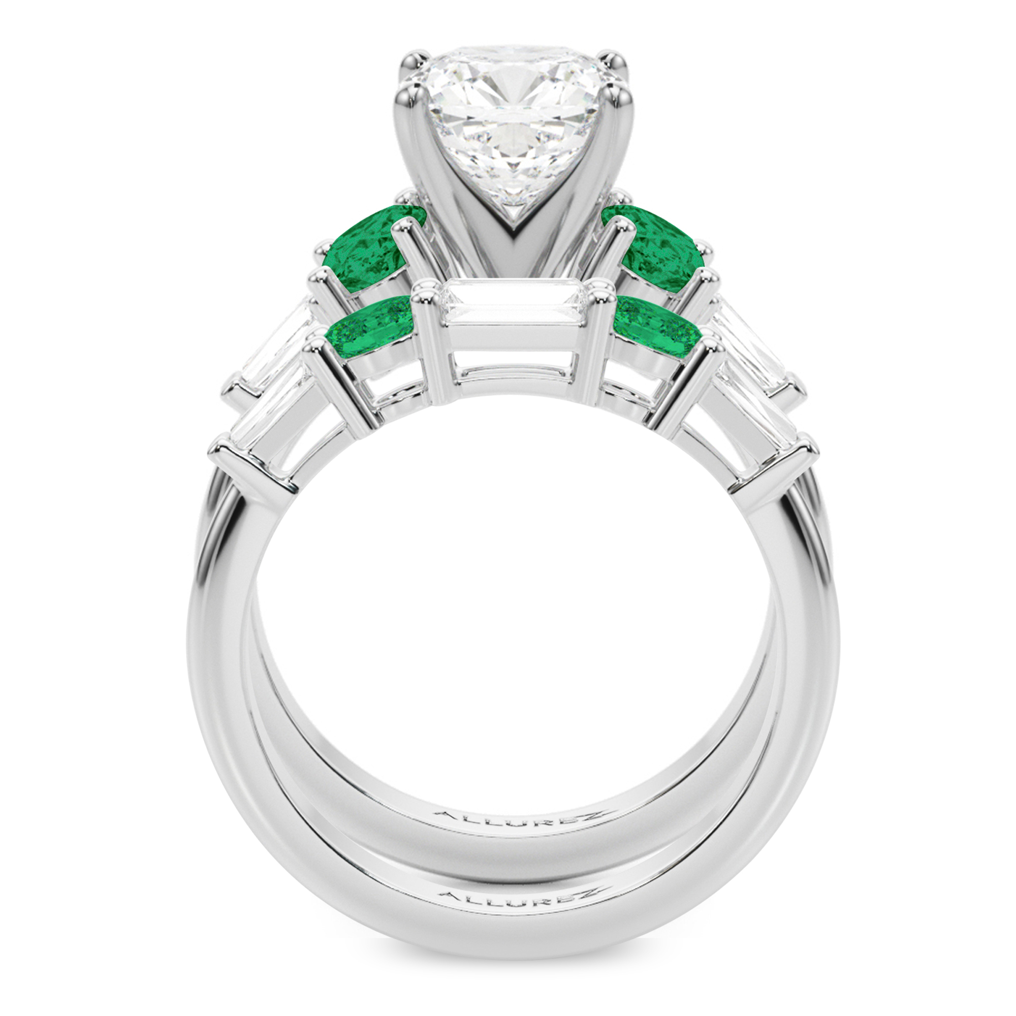 Cushion Lab Grown Diamond & Oval Emerald Bridal Set 14K White Gold (4.65ct)
