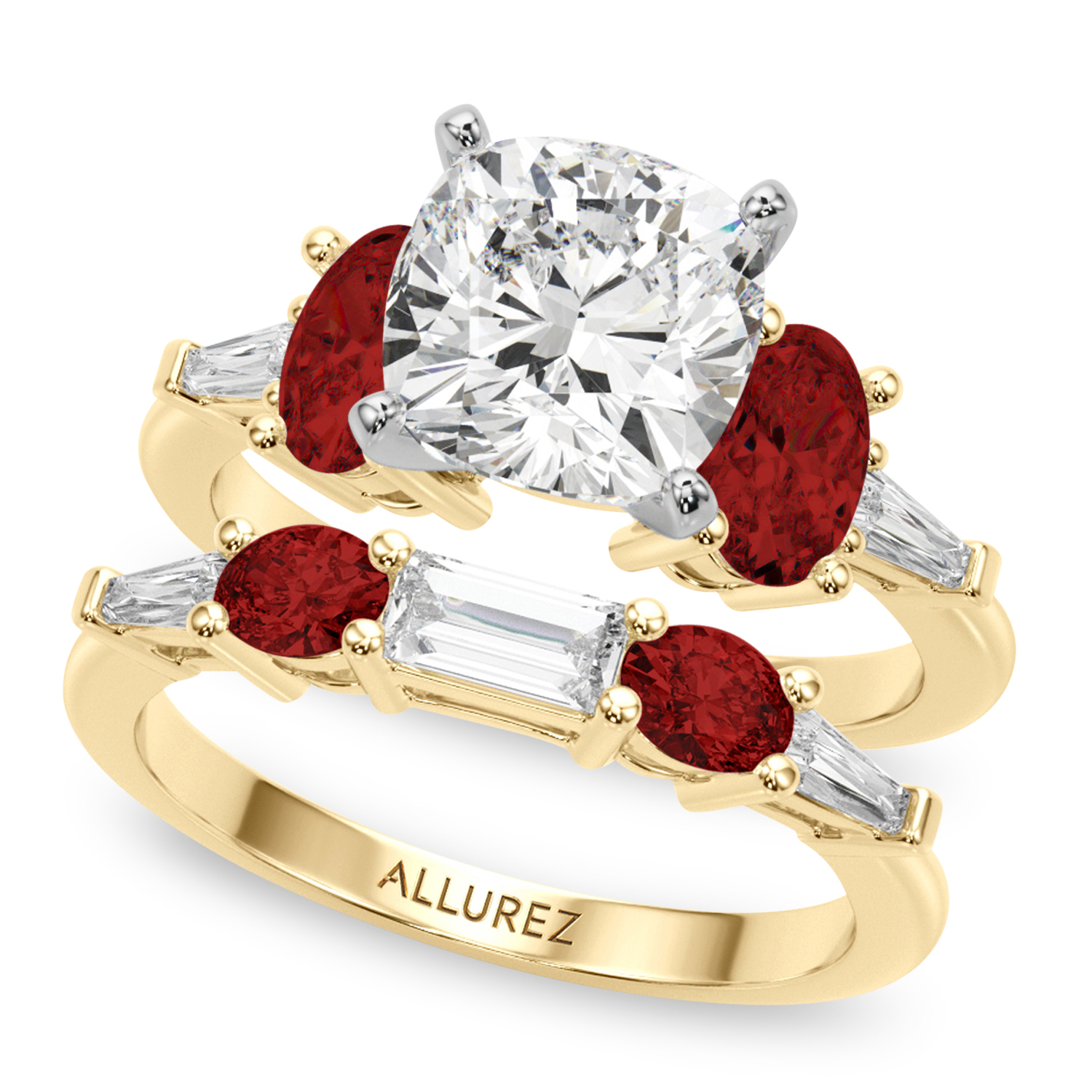 Cushion Lab Grown Diamond & Oval Garnet Bridal Set 18K Yellow Gold (4.97ct)