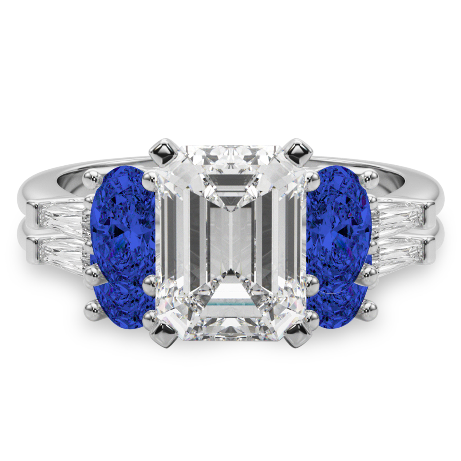 Emerald Cut Lab Grown Diamond & Oval Blue Sapphire Bridal Set 14K White Gold (5.17ct)