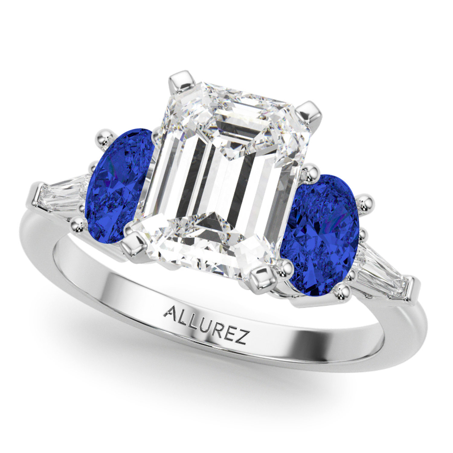 Emerald Cut Lab Grown Diamond & Oval Blue Sapphire Bridal Set in Platinum (5.17ct)