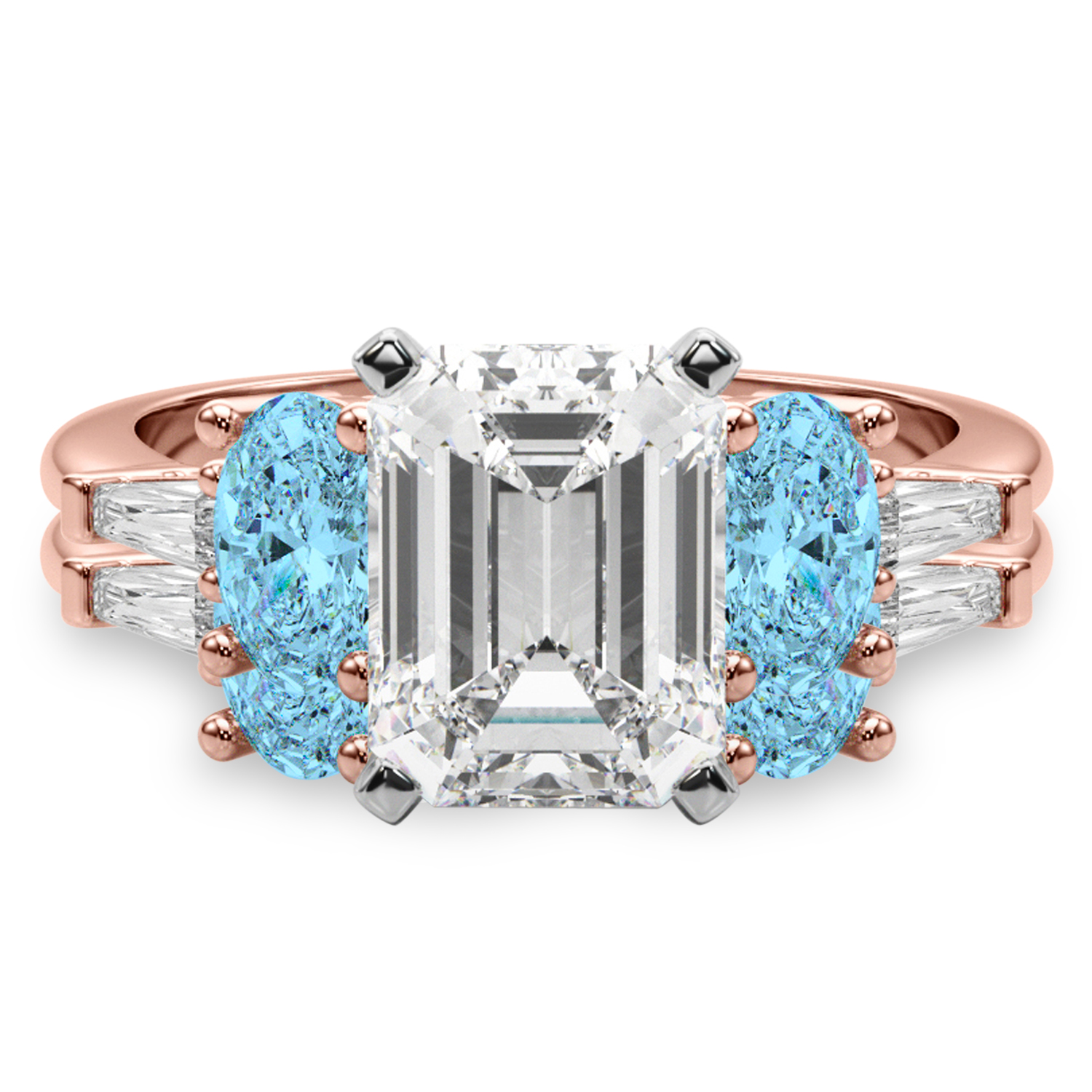 Emerald Cut Lab Grown Diamond & Oval Blue Topaz Bridal Set 14K Rose Gold (4.97ct)