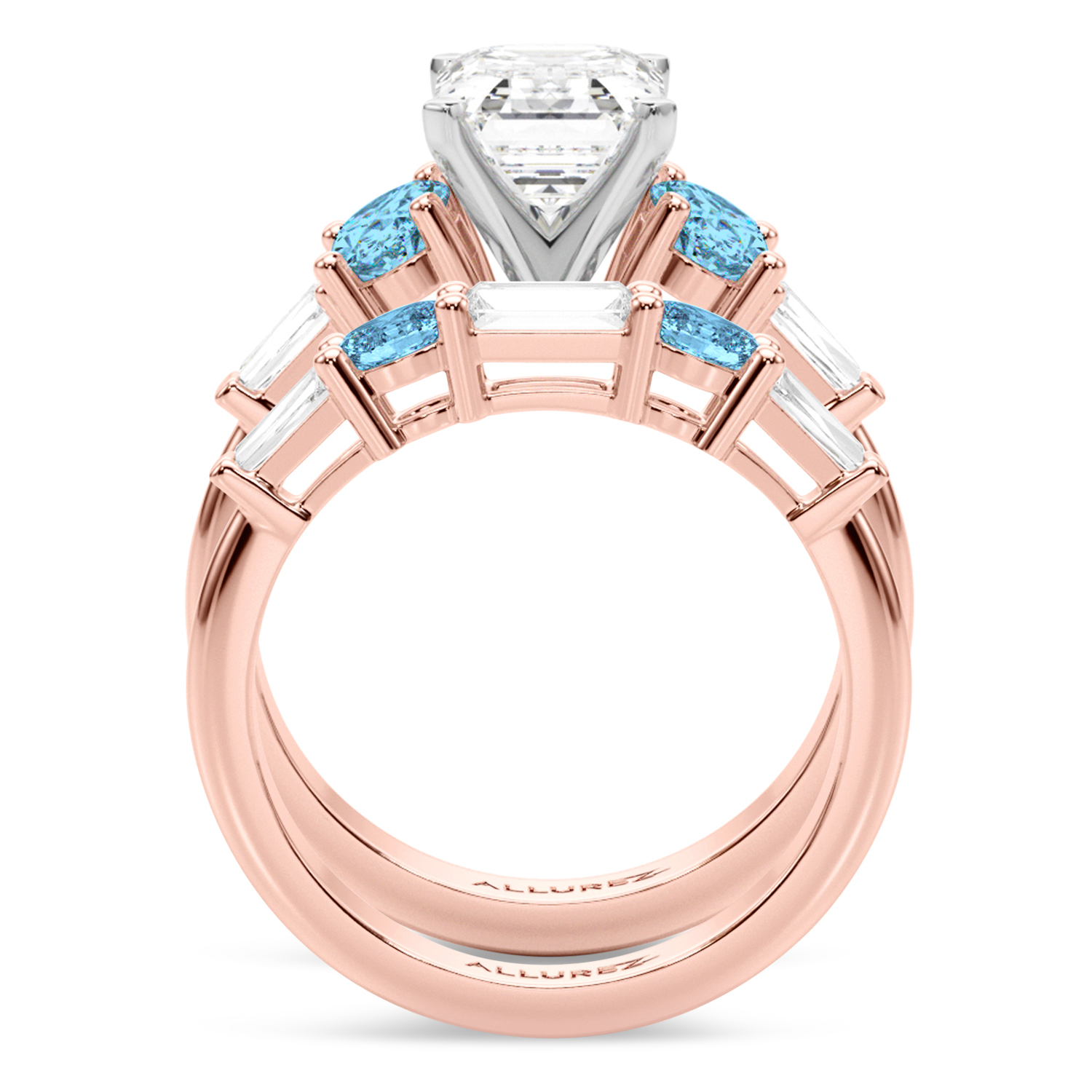Emerald Cut Lab Grown Diamond & Oval Blue Topaz Bridal Set 14K Rose Gold (4.97ct)