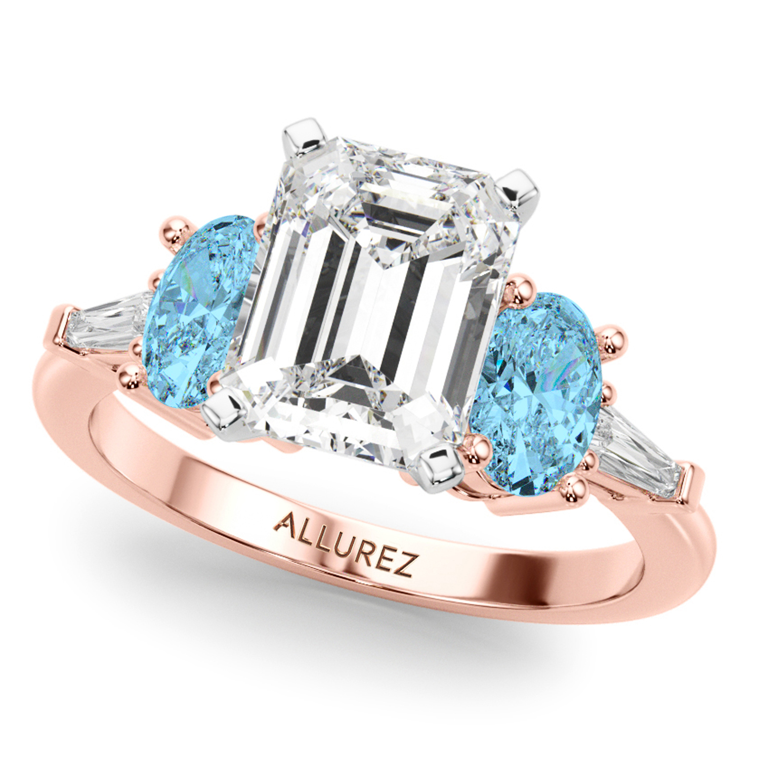 Emerald Cut Lab Grown Diamond & Oval Blue Topaz Bridal Set 14K Rose Gold (4.97ct)