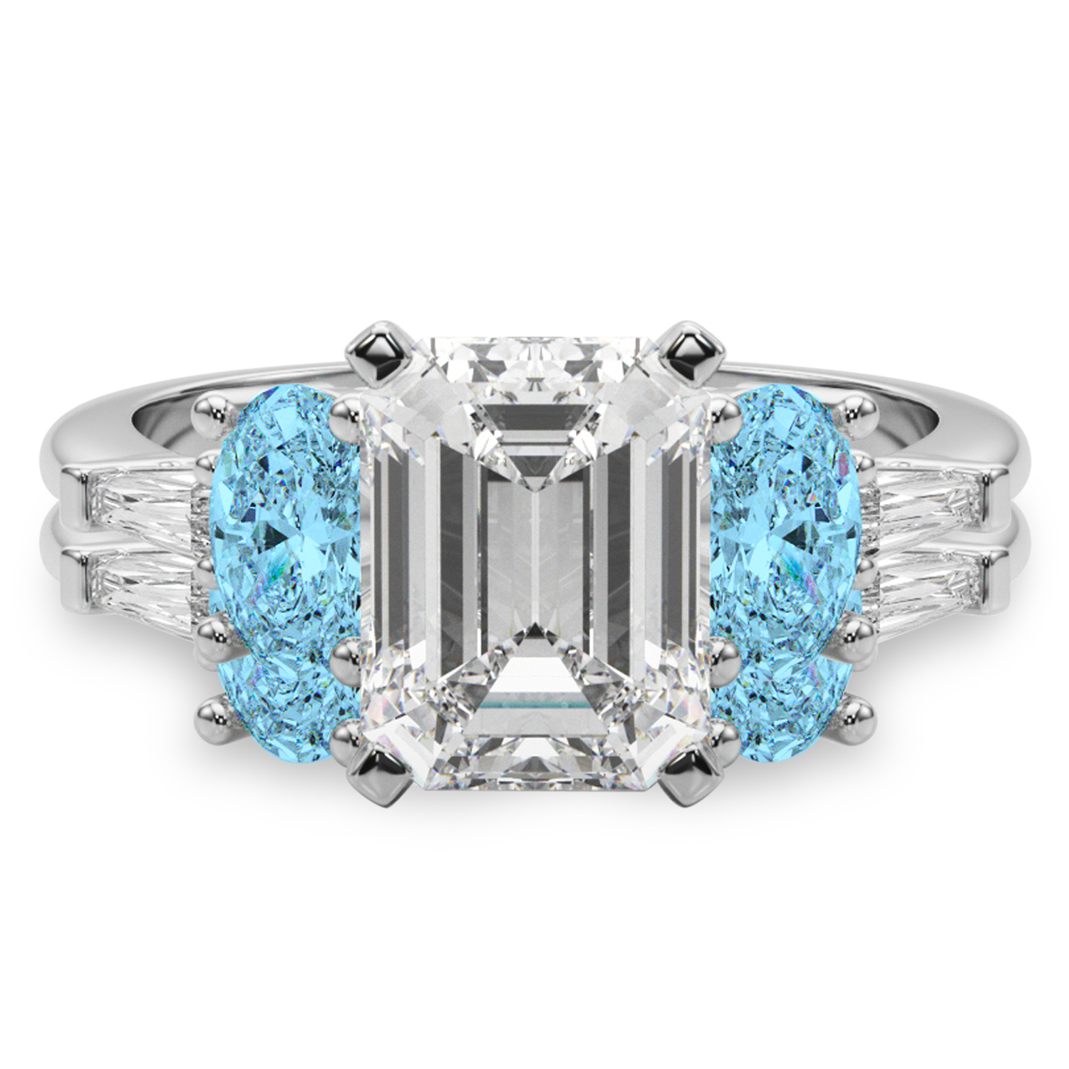 Emerald Cut Lab Grown Diamond & Oval Blue Topaz Bridal Set 14K White Gold (4.97ct)