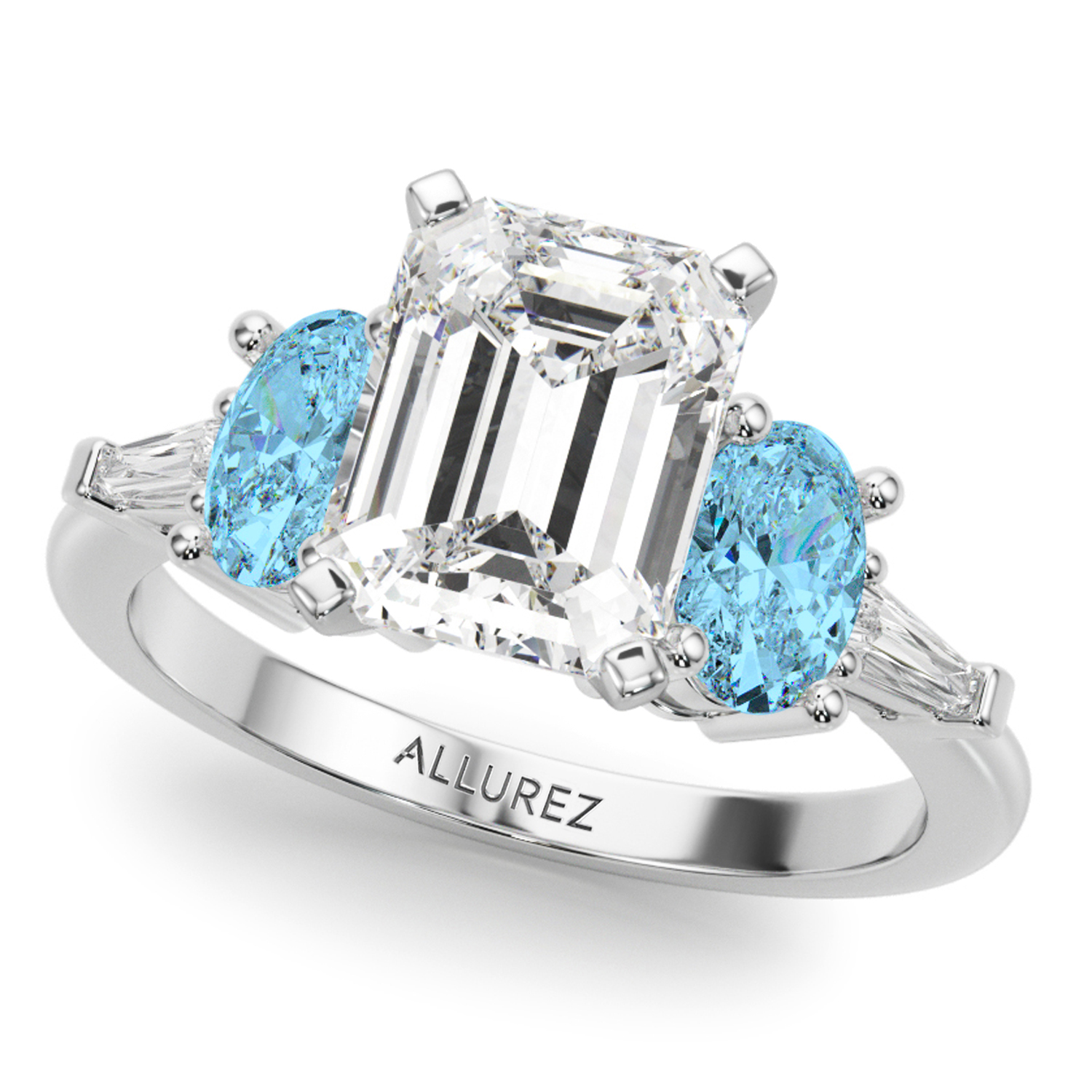 Emerald Cut Lab Grown Diamond & Oval Blue Topaz Bridal Set 14K White Gold (4.97ct)