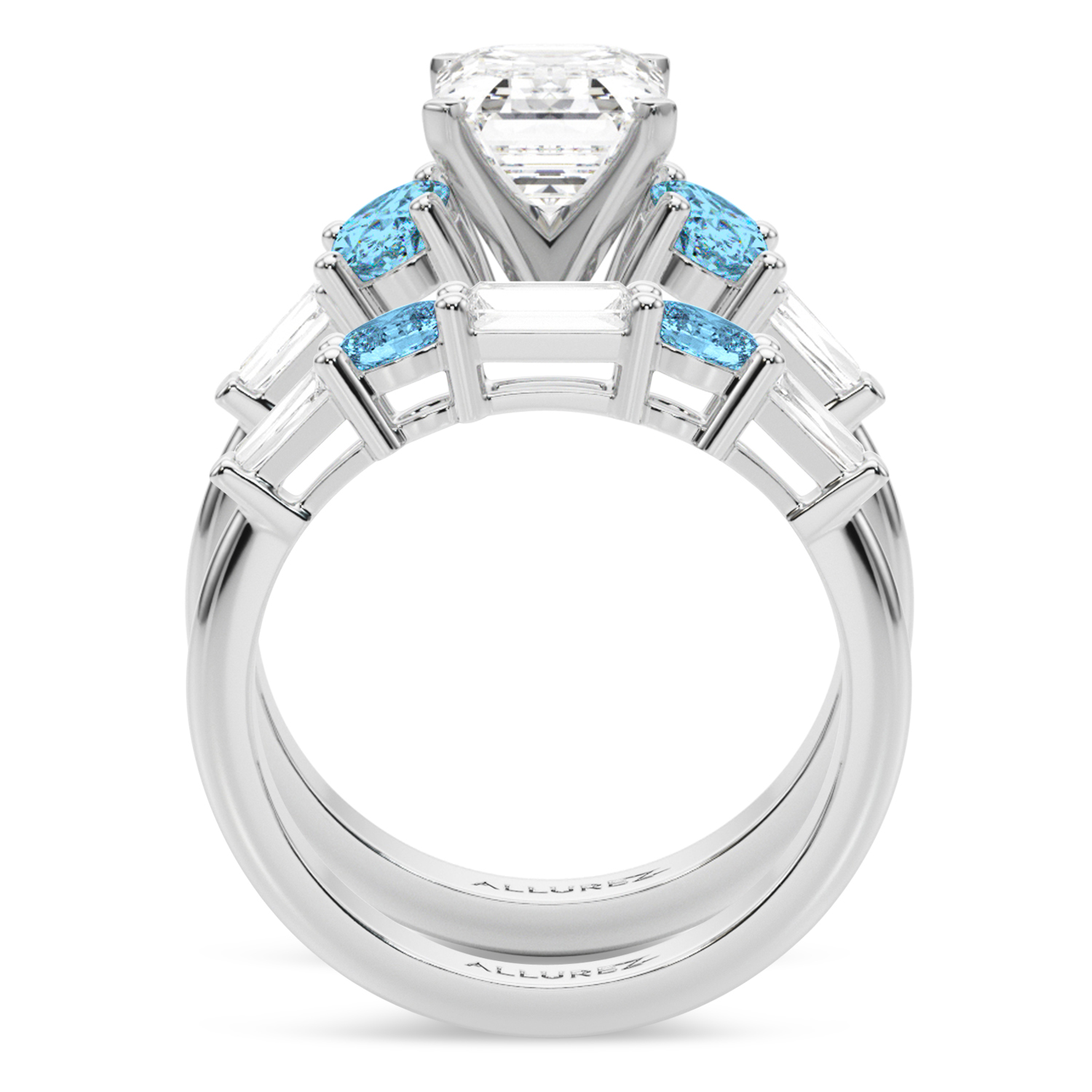 Emerald Cut Lab Grown Diamond & Oval Blue Topaz Bridal Set 18K White Gold (4.97ct)