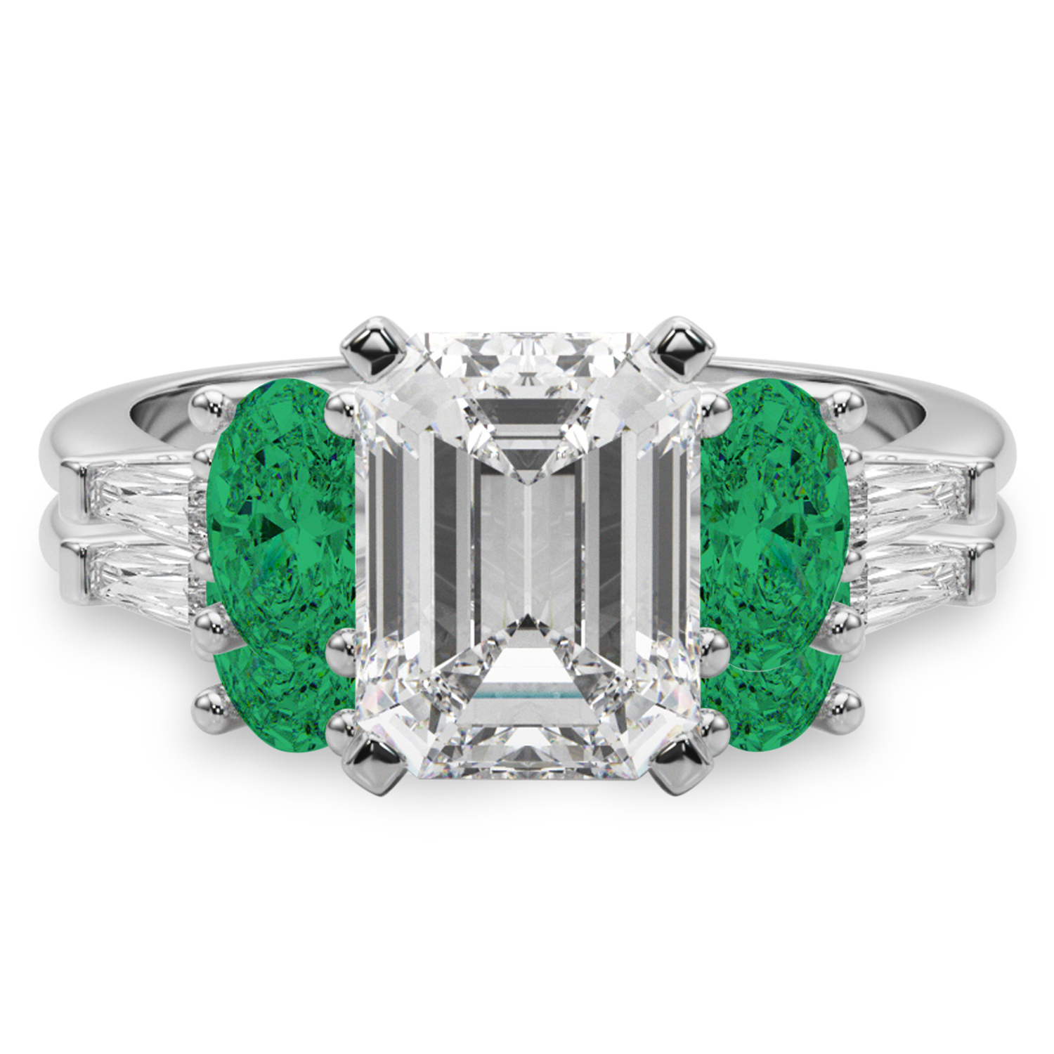 Emerald Cut Lab Grown Diamond & Oval Emerald Bridal Set 14K White Gold (4.65ct)