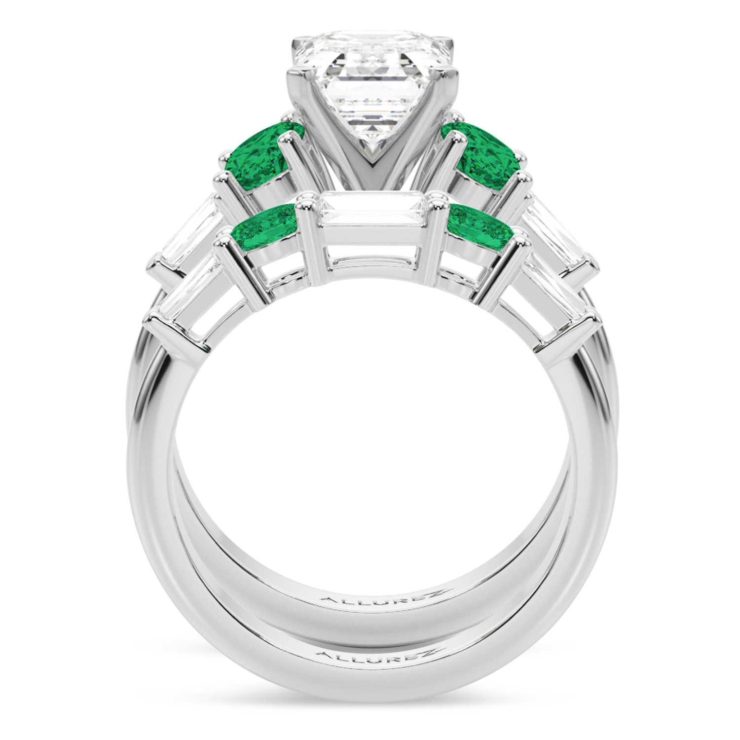 Emerald Cut Lab Grown Diamond & Oval Emerald Bridal Set 14K White Gold (4.65ct)