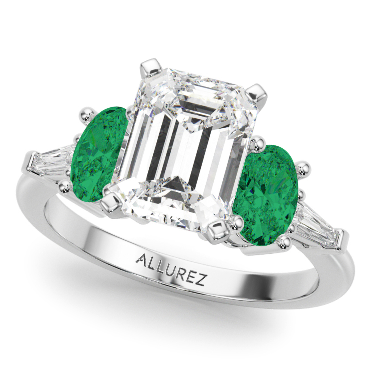 Emerald Cut Lab Grown Diamond & Oval Emerald Bridal Set 14K White Gold (4.65ct)