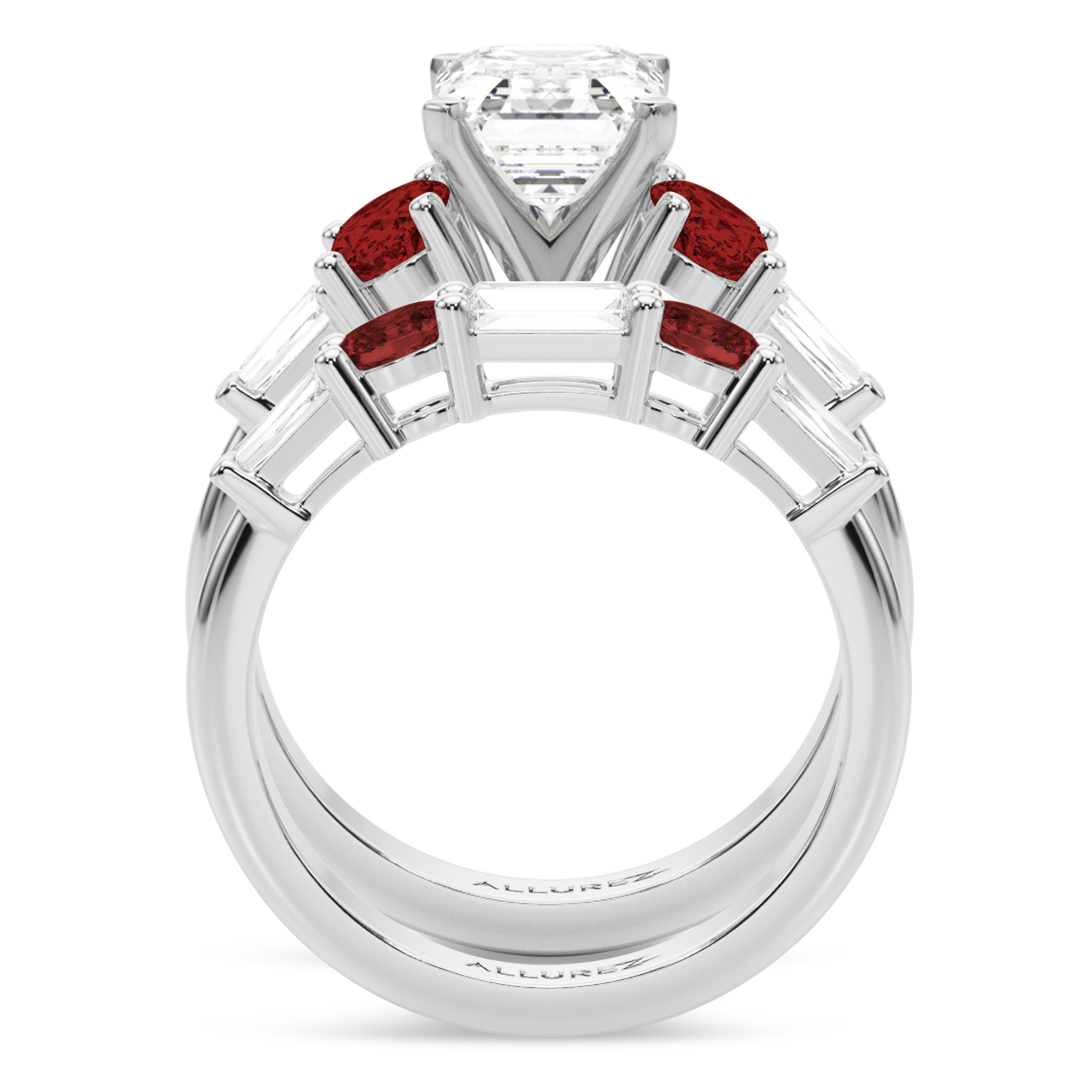 Emerald Cut Lab Grown Diamond & Oval Garnet Bridal Set 14K White Gold (4.97ct)
