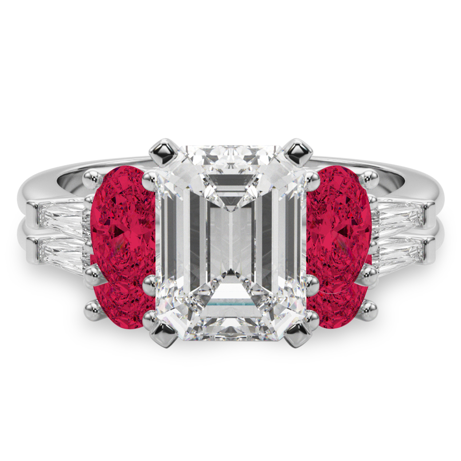 Emerald Cut Lab Grown Diamond & Oval Ruby Bridal Set 14K White Gold (5.09ct)