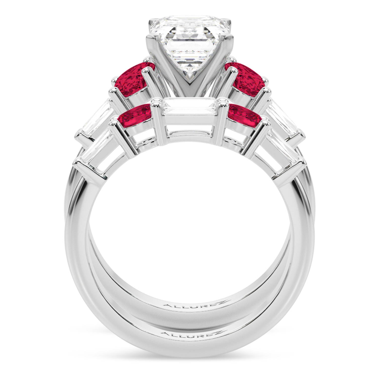 Emerald Cut Lab Grown Diamond & Oval Ruby Bridal Set 14K White Gold (5.09ct)