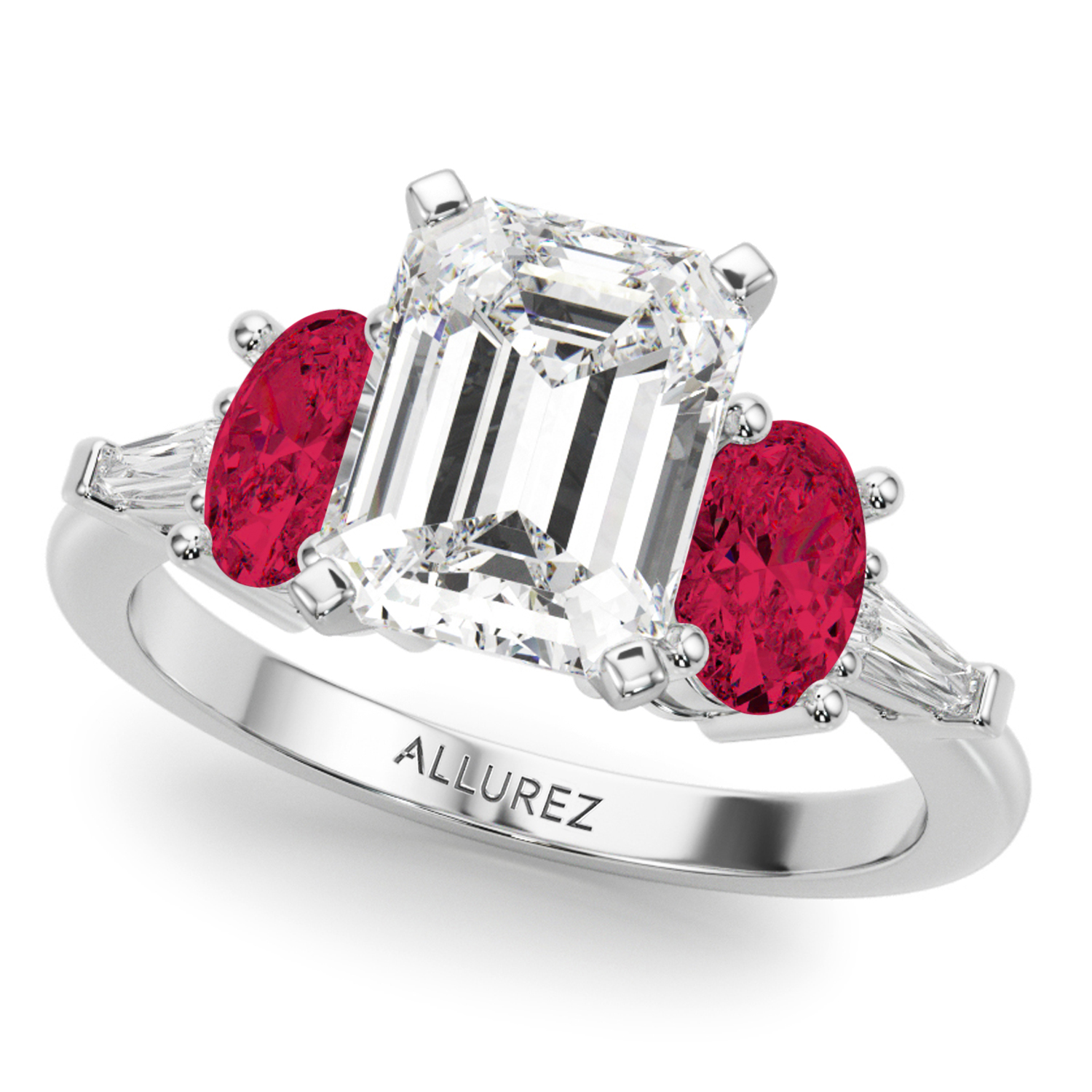 Emerald Cut Lab Grown Diamond & Oval Ruby Bridal Set 14K White Gold (5.09ct)