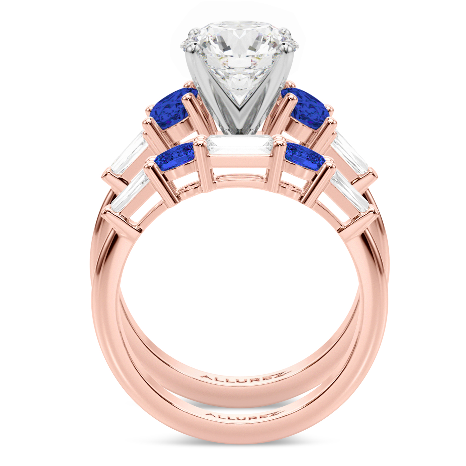Round Lab Grown Diamond & Oval Blue Sapphire Bridal Set 14K Rose Gold (5.17ct)