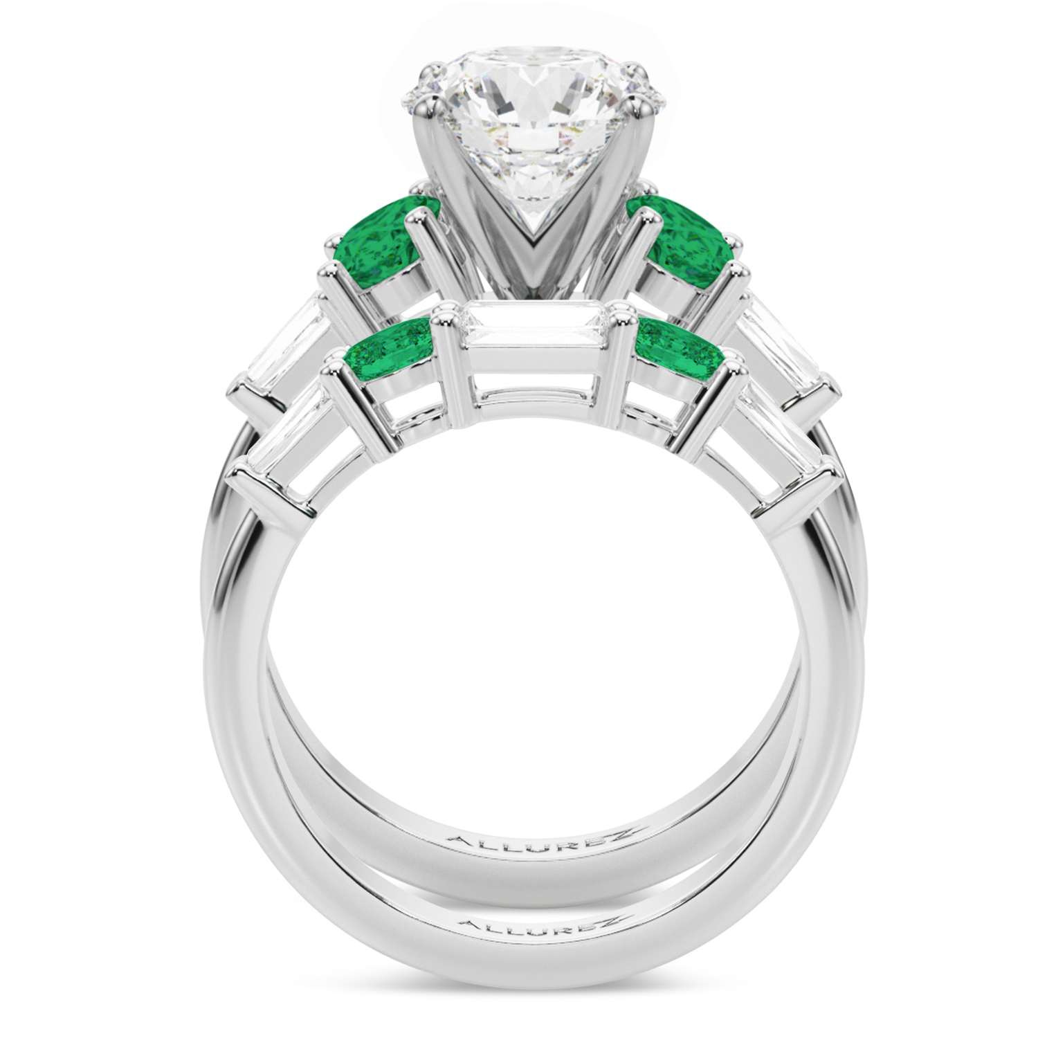 Round Lab Grown Diamond & Oval Emerald Bridal Set 14K White Gold (4.65ct)